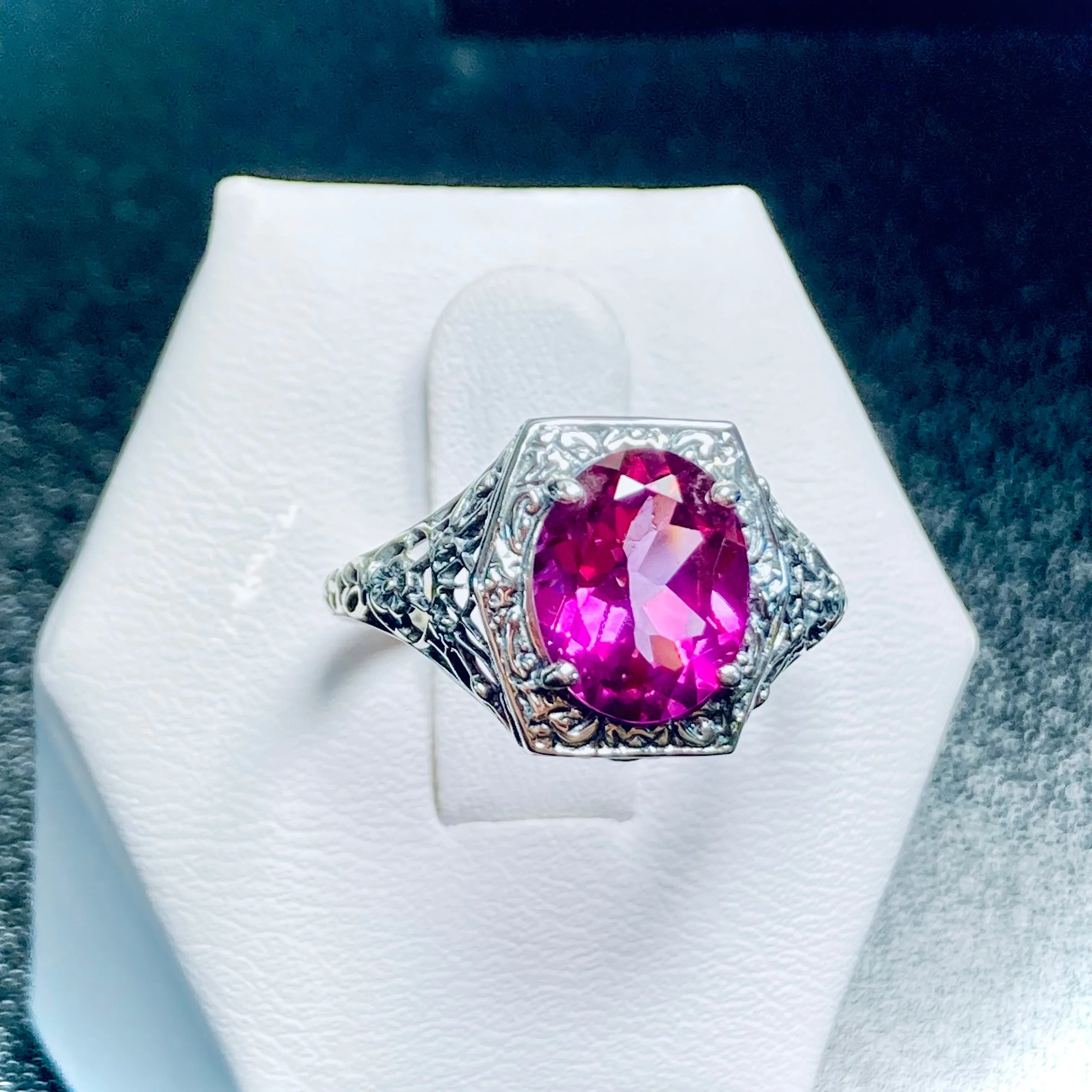Natural Pink Topaz Ring, oval gem, Sterling Silver Filigree D417