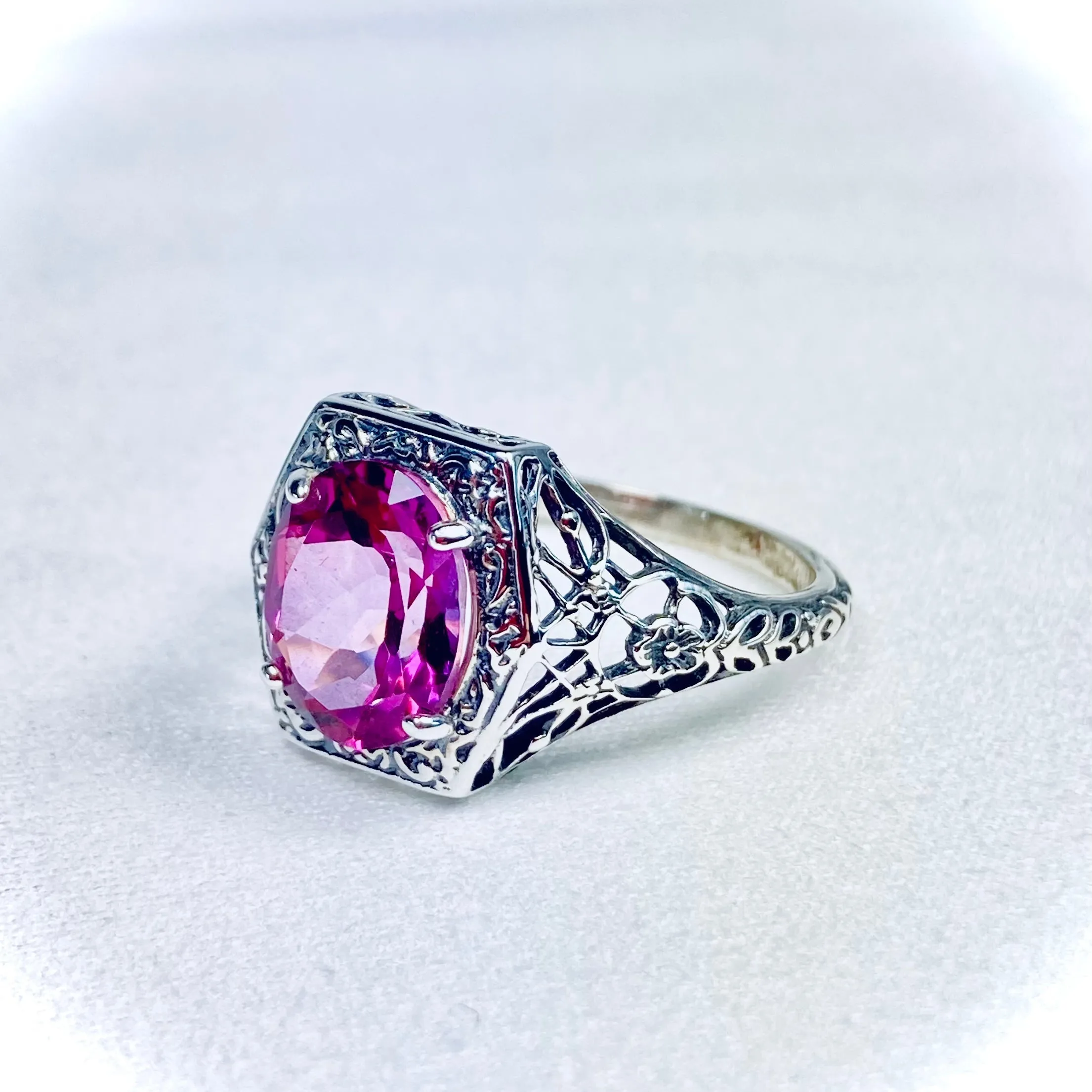 Natural Pink Topaz Ring, oval gem, Sterling Silver Filigree D417