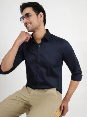 Navy Blue Solid Slim Fit Casual Shirt | JadeBlue