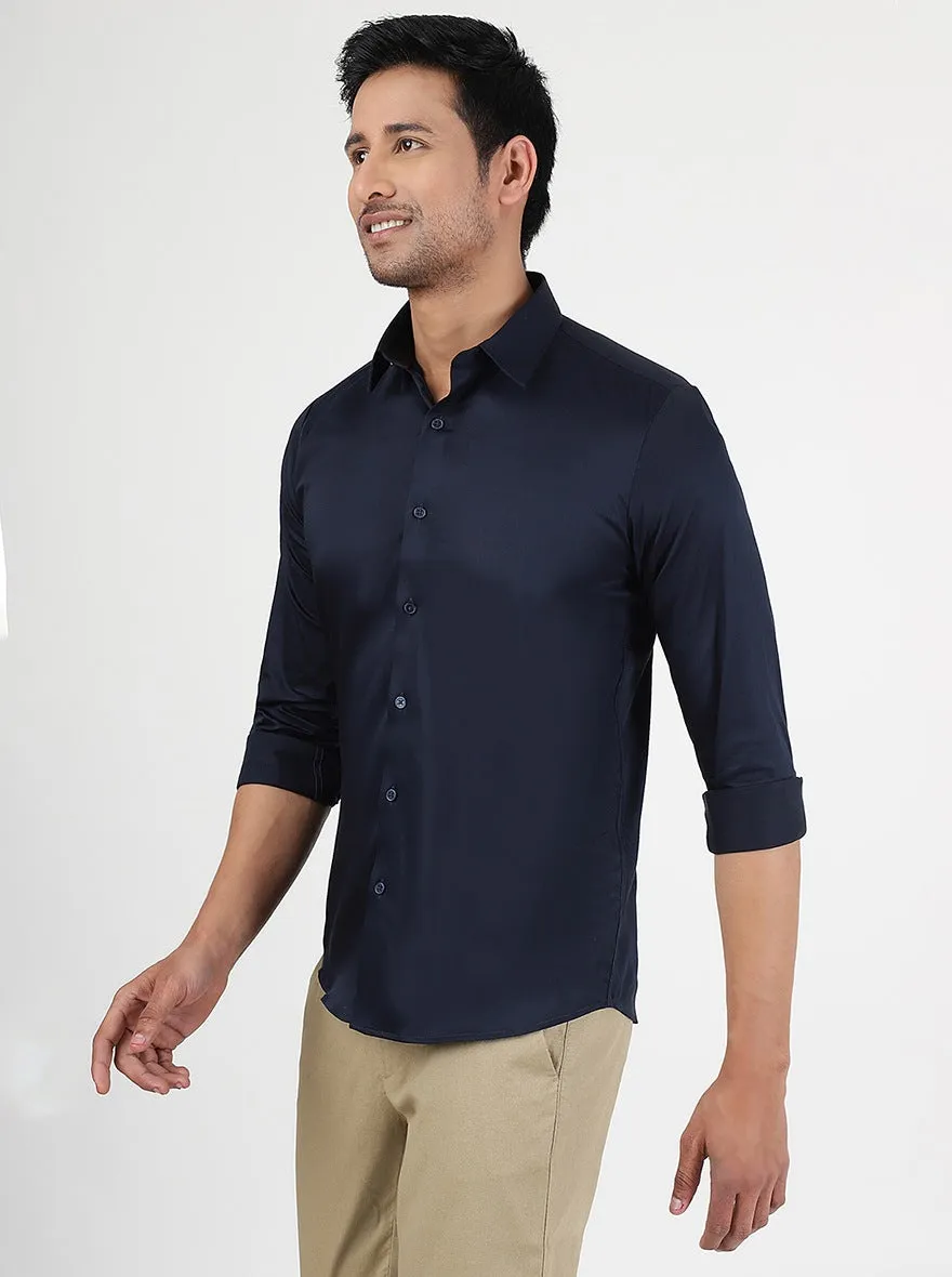 Navy Blue Solid Slim Fit Casual Shirt | JadeBlue