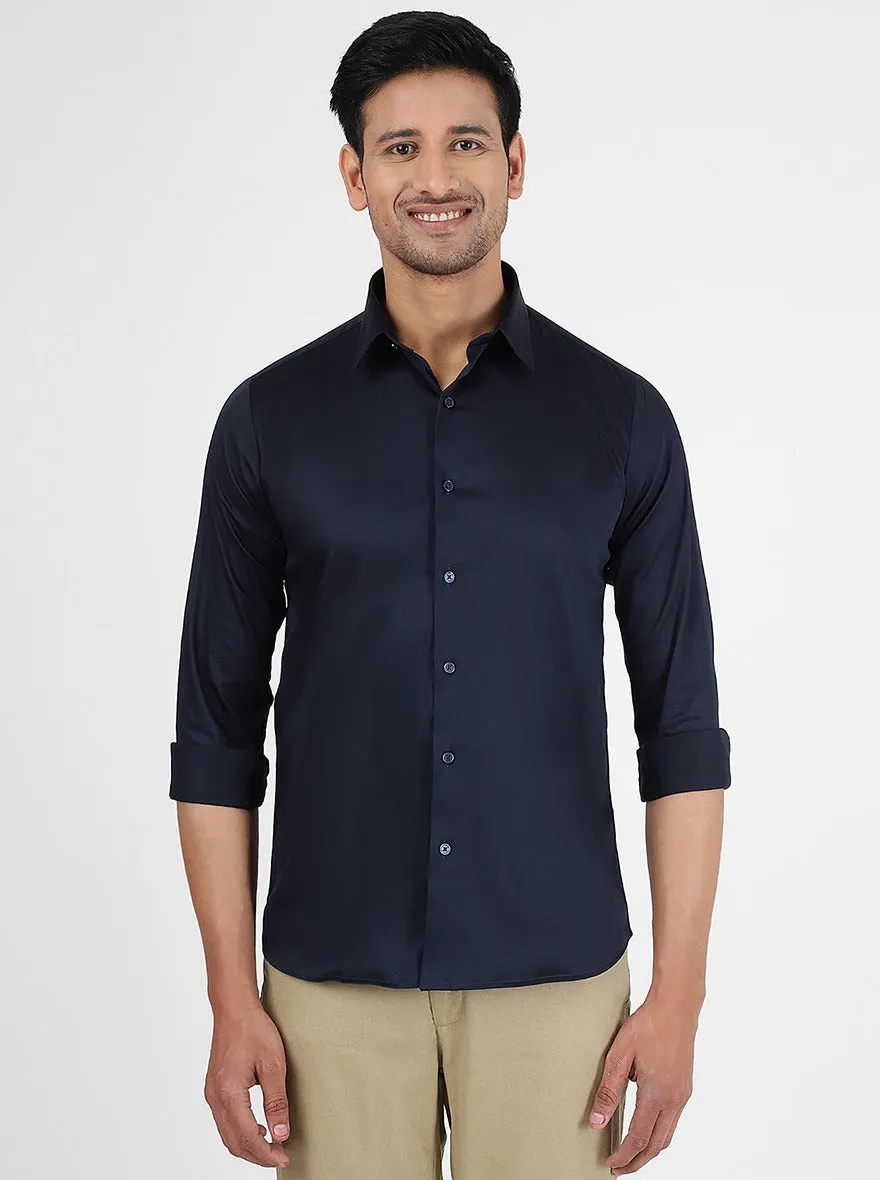 Navy Blue Solid Slim Fit Casual Shirt | JadeBlue