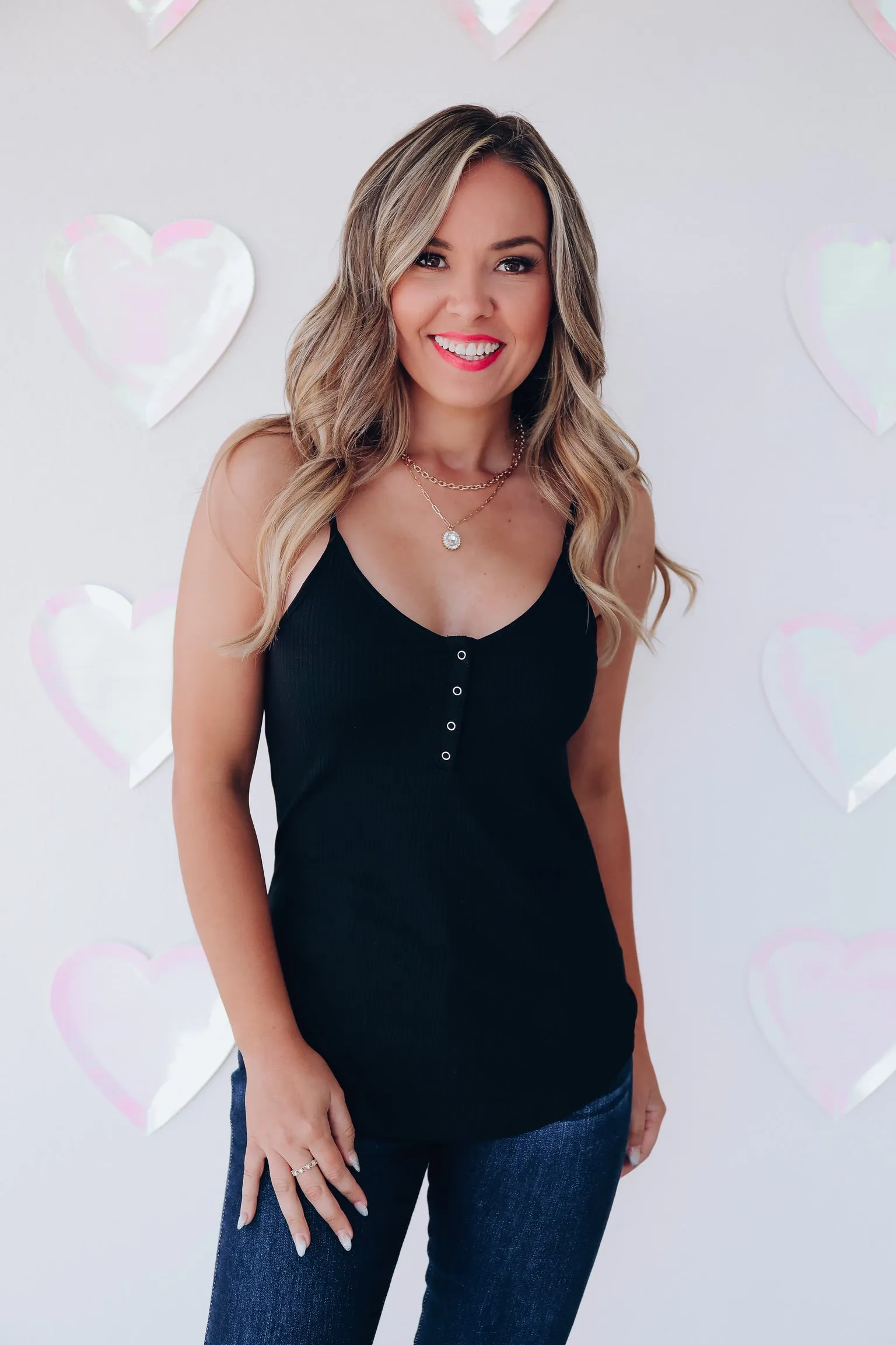 Never Basic Snap Front Ribbed Tank - Black