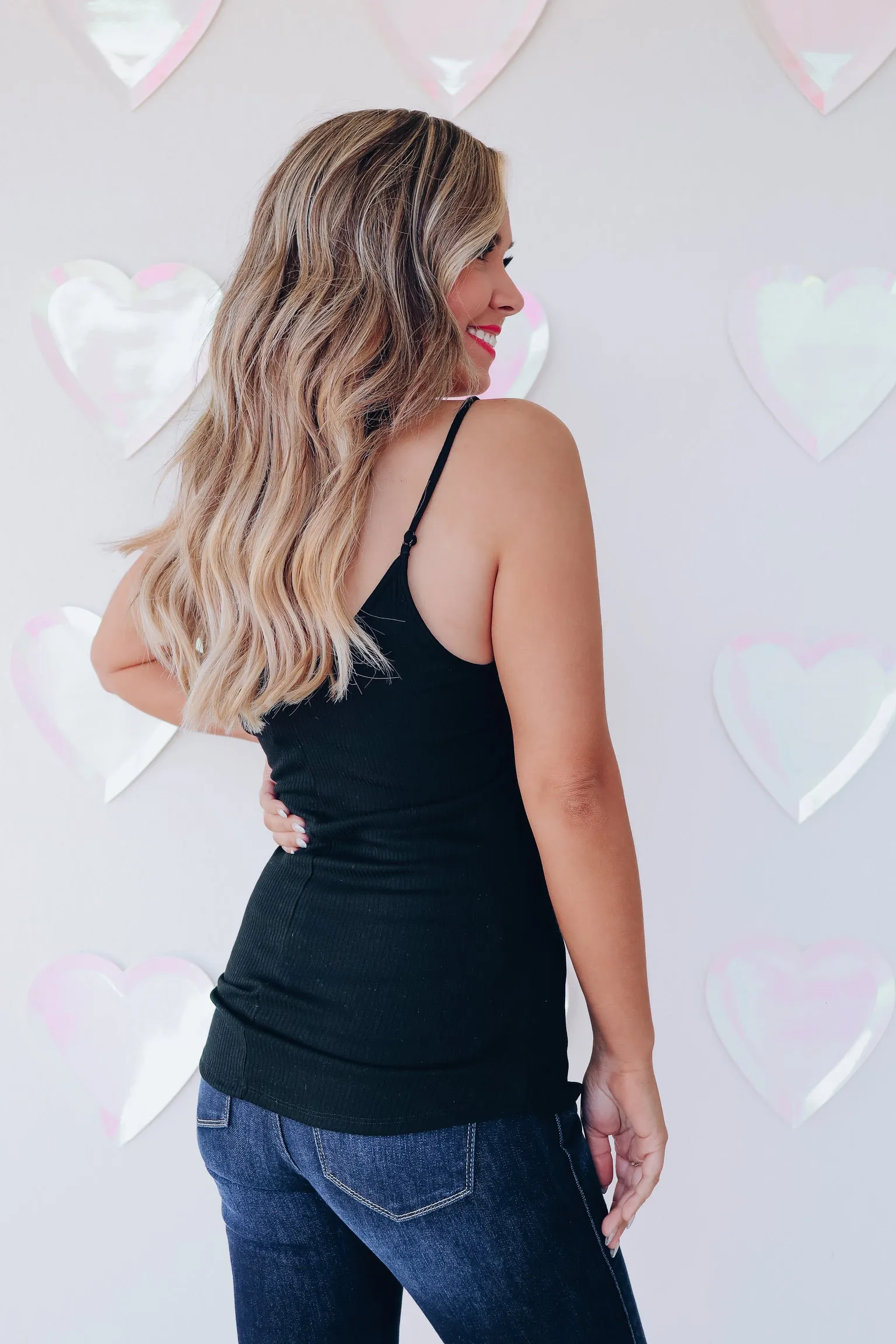 Never Basic Snap Front Ribbed Tank - Black