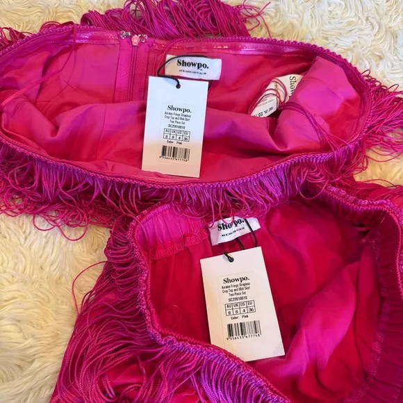 NWT Showpo Amalee Two Piece Fringe Set in Pink - Size 4