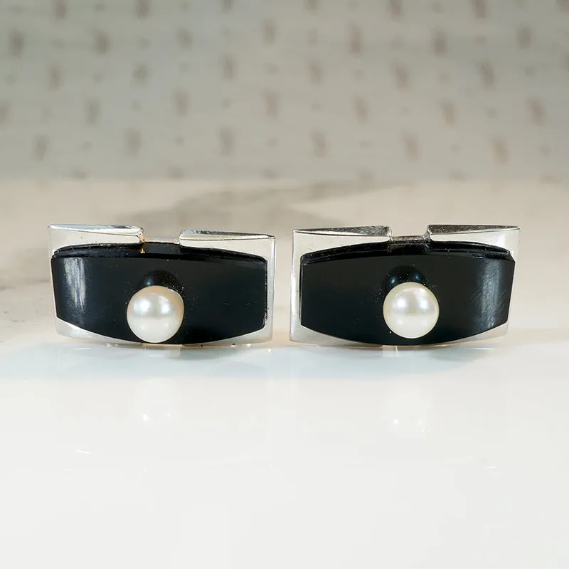 Onyx & Silver Cufflinks with Pearl Accents