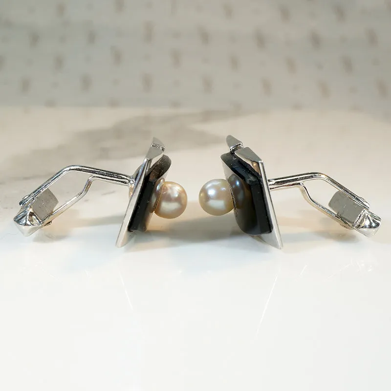 Onyx & Silver Cufflinks with Pearl Accents