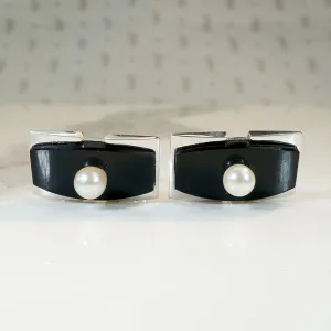 Onyx & Silver Cufflinks with Pearl Accents