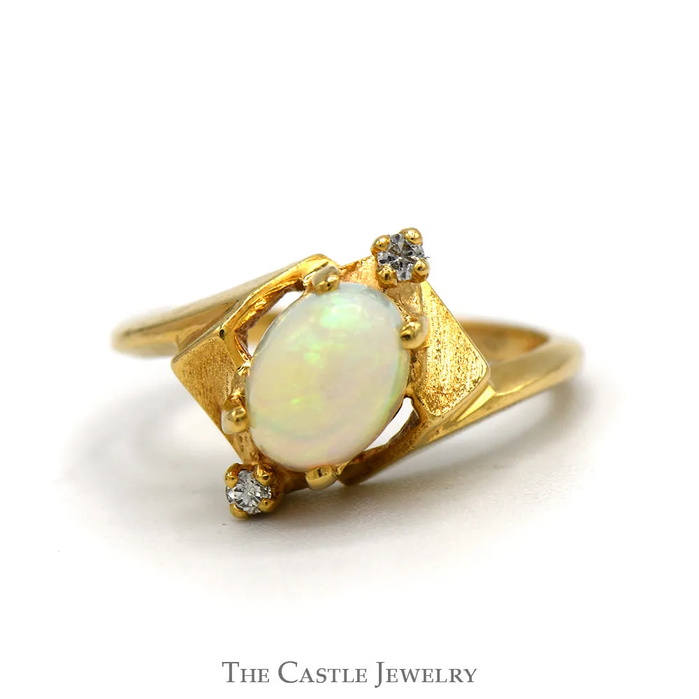 Oval Opal Ring with Double Diamond Accents in 14k Yellow Gold
