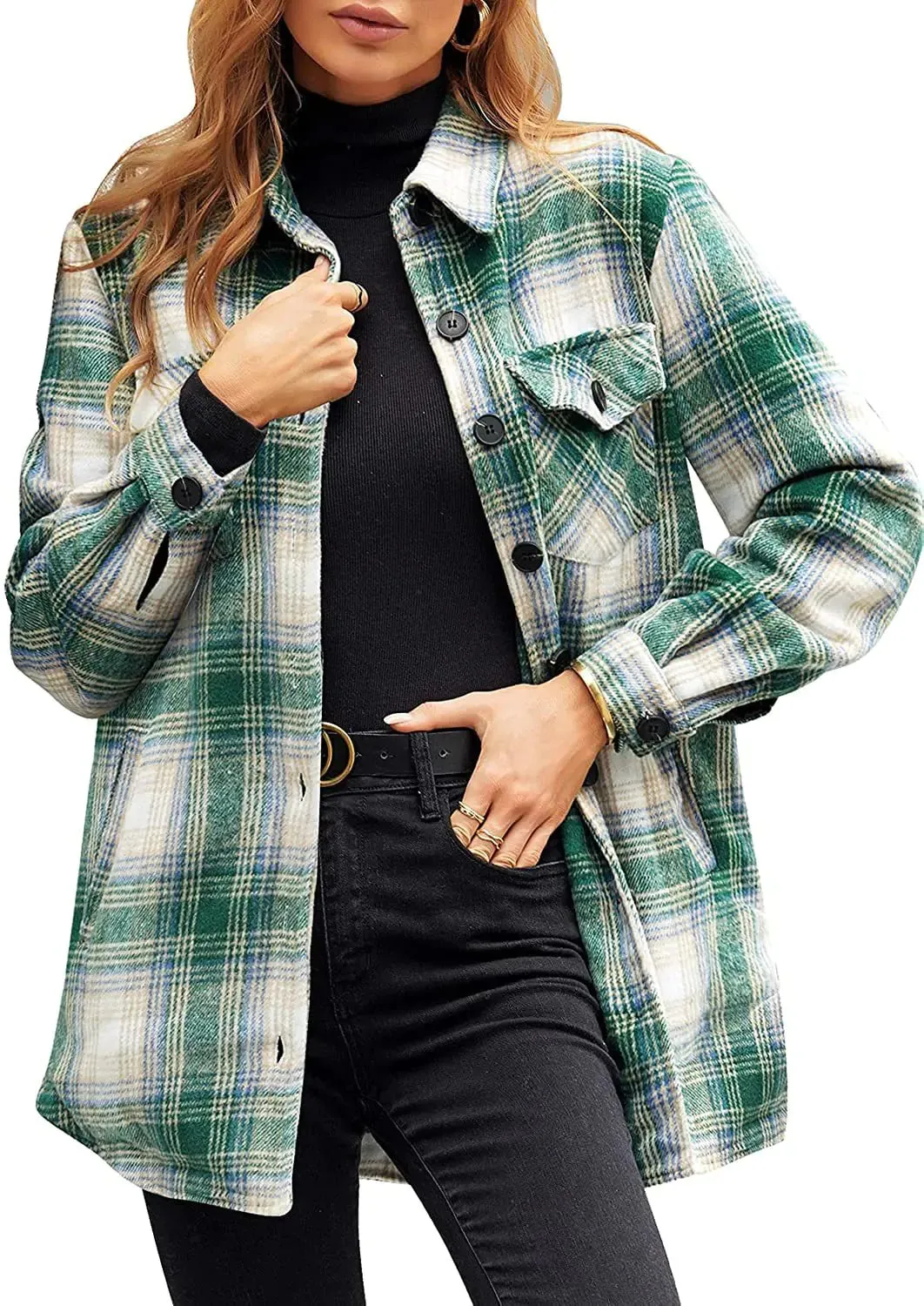 Oversized Check Button Shirt Jacket for Women