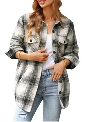Oversized Check Button Shirt Jacket for Women