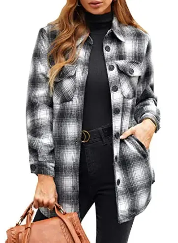 Oversized Check Button Shirt Jacket for Women