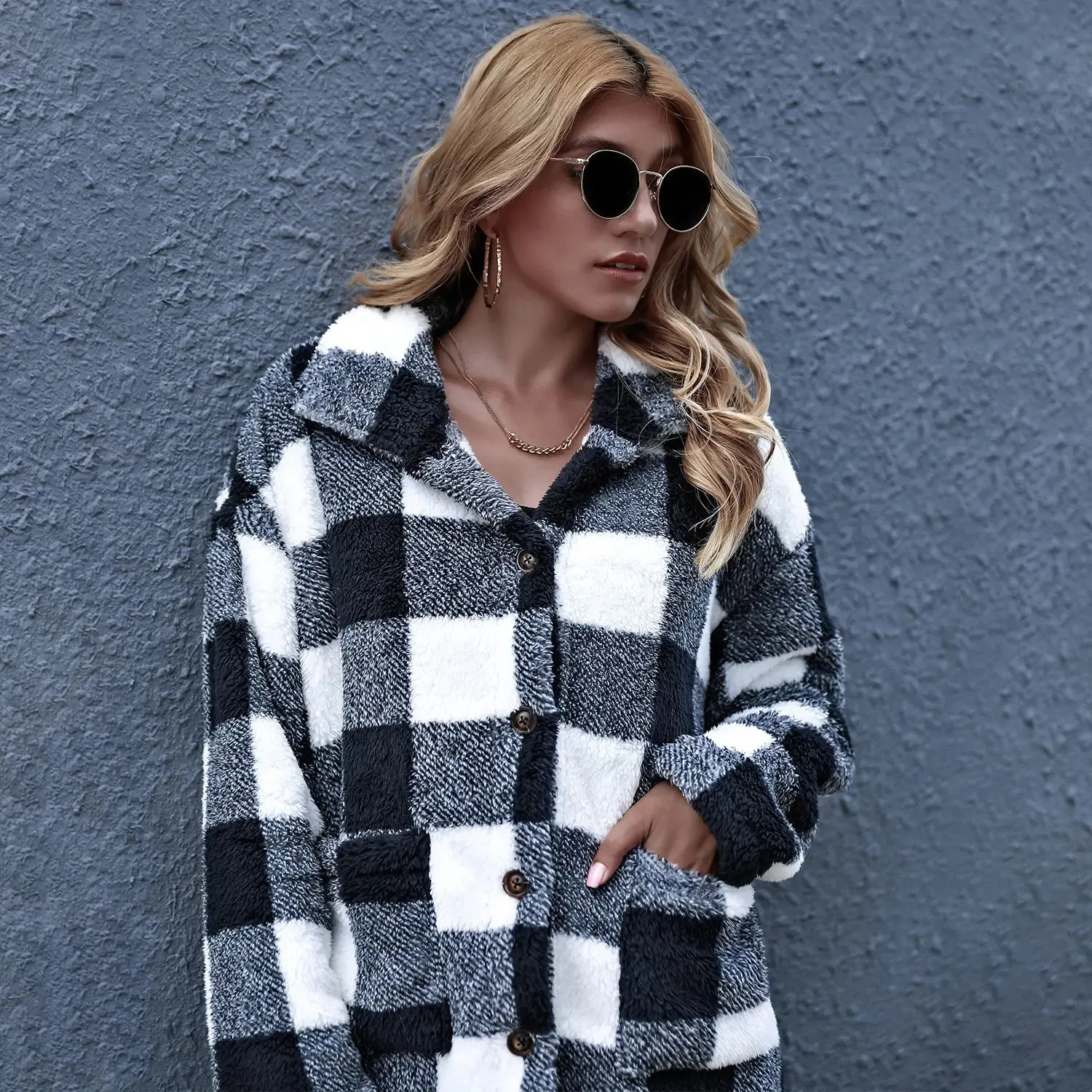 Oversized Check Button Shirt Jacket for Women