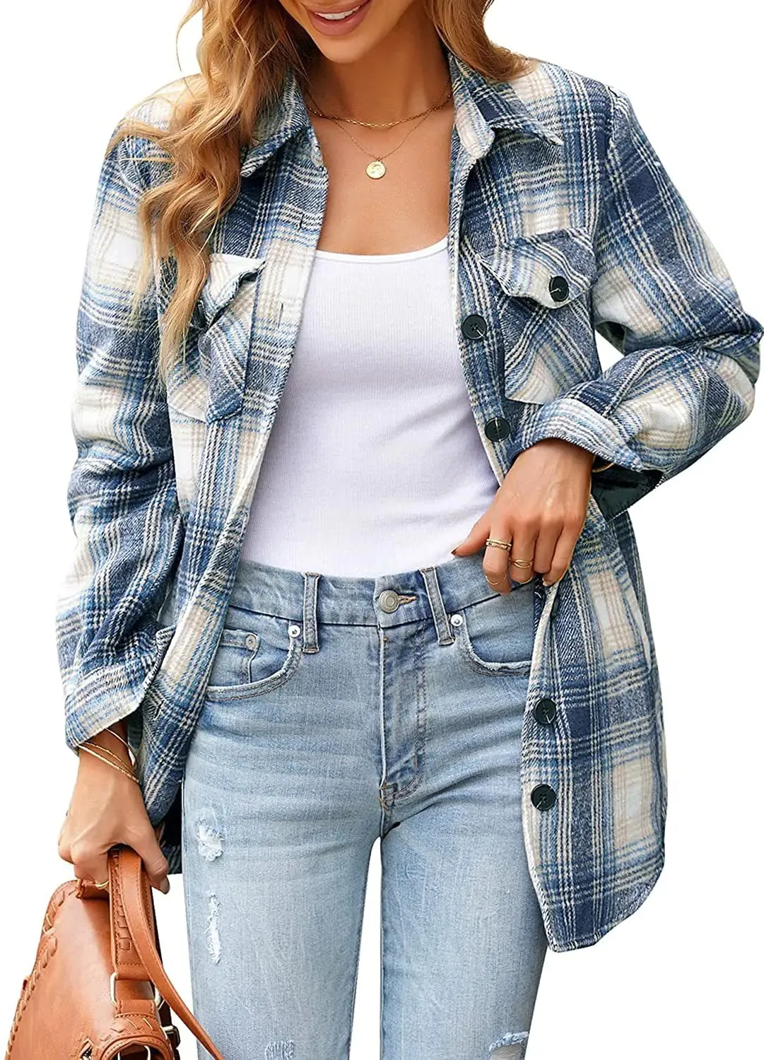 Oversized Check Button Shirt Jacket for Women