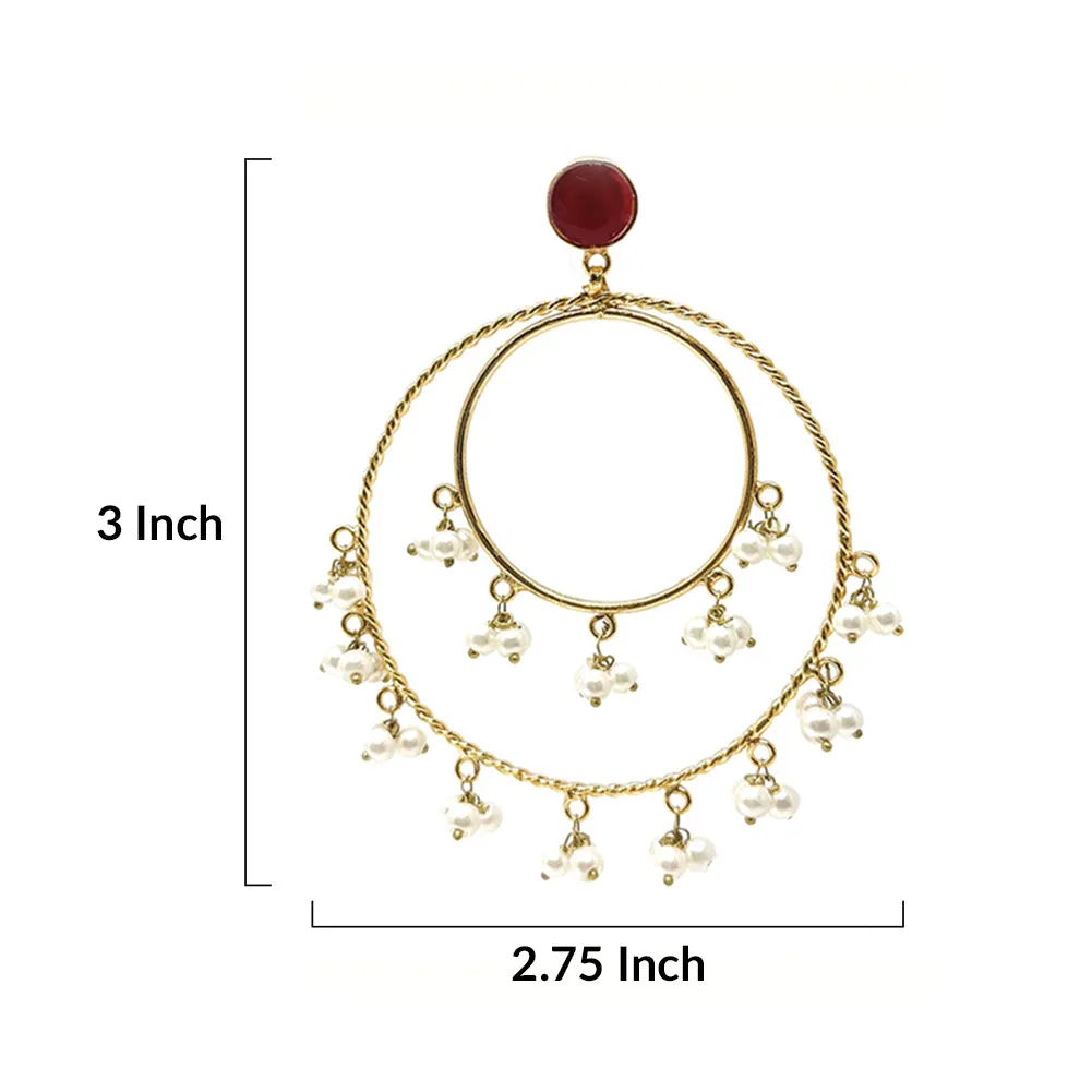 Pakistani Fashion Big Gold Plated Chandbala Double Hoop Earrings with White Pearl Clusters and Red Stone - Duel On Jewel