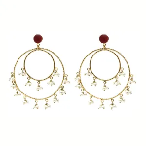 Pakistani Fashion Big Gold Plated Chandbala Double Hoop Earrings with White Pearl Clusters and Red Stone - Duel On Jewel
