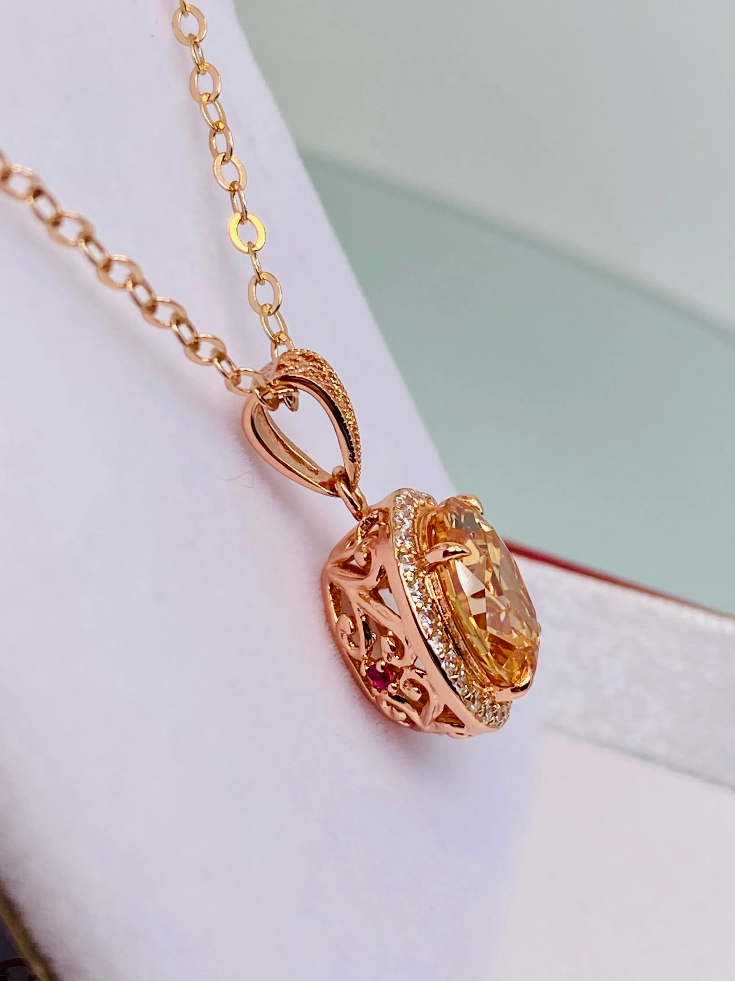 Peach CZ Halo Pendant, Rose Gold plated Jewelry, Art Deco Jewelry, P228