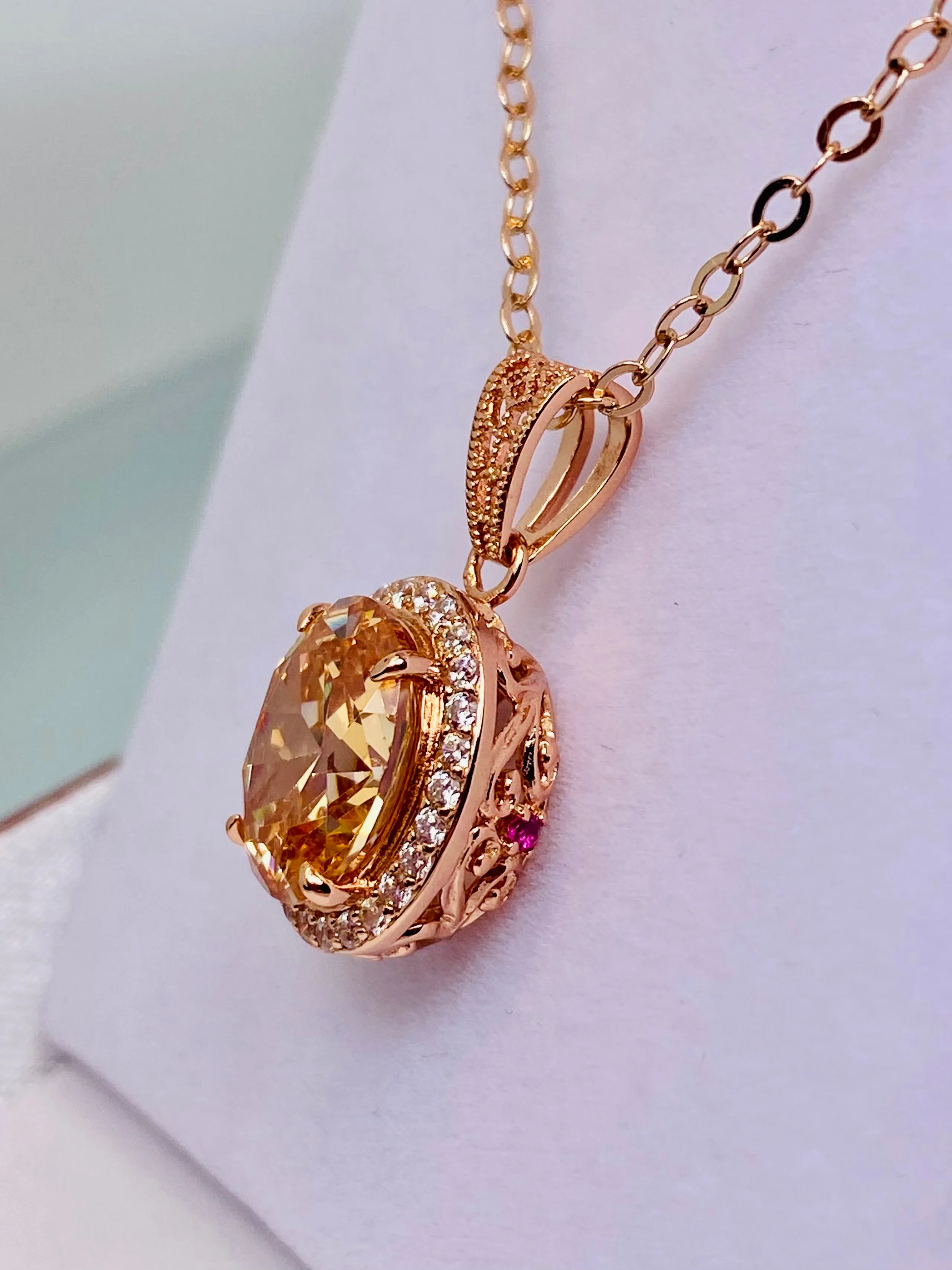 Peach CZ Halo Pendant, Rose Gold plated Jewelry, Art Deco Jewelry, P228