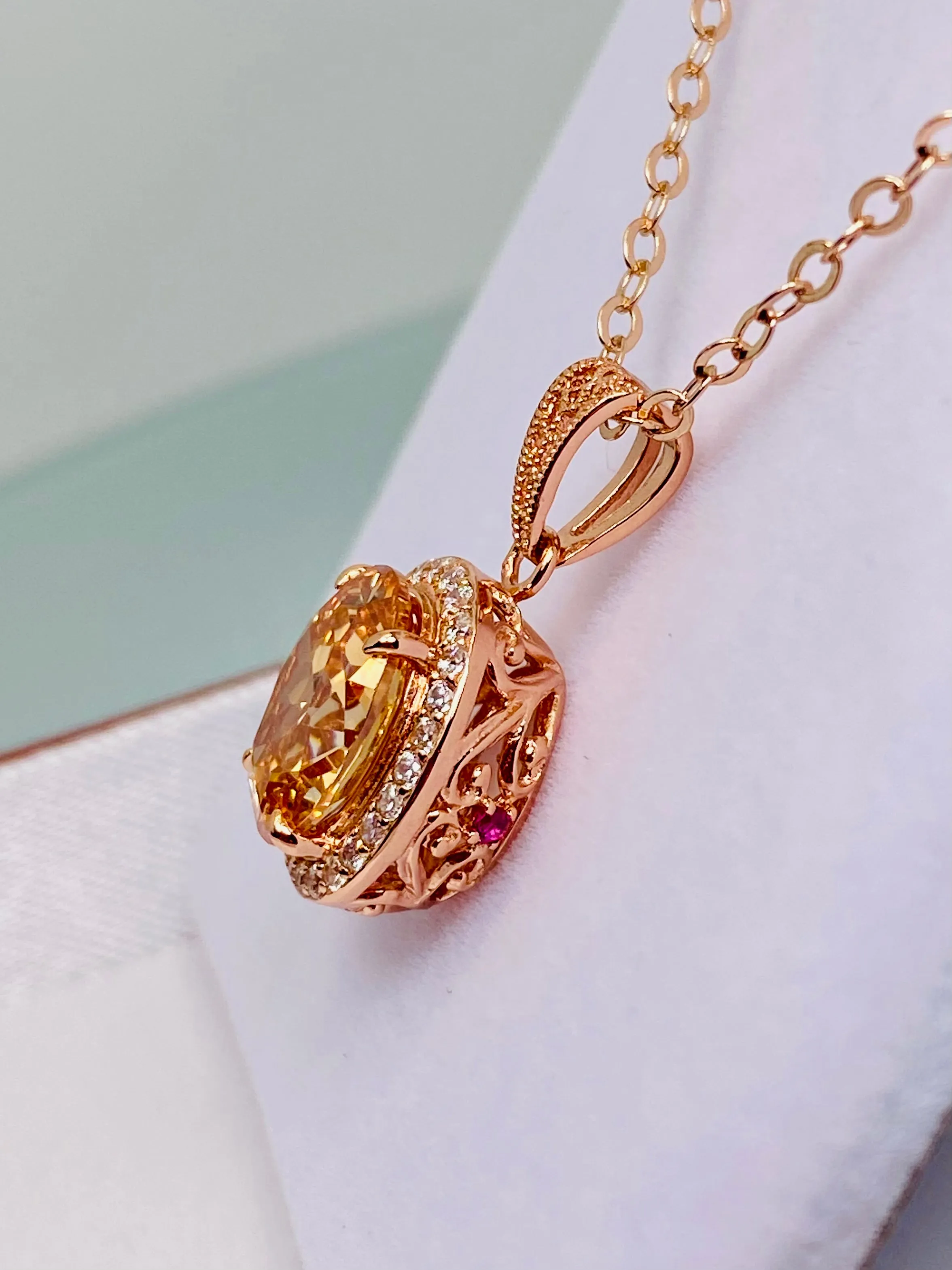 Peach CZ Halo Pendant, Rose Gold plated Jewelry, Art Deco Jewelry, P228