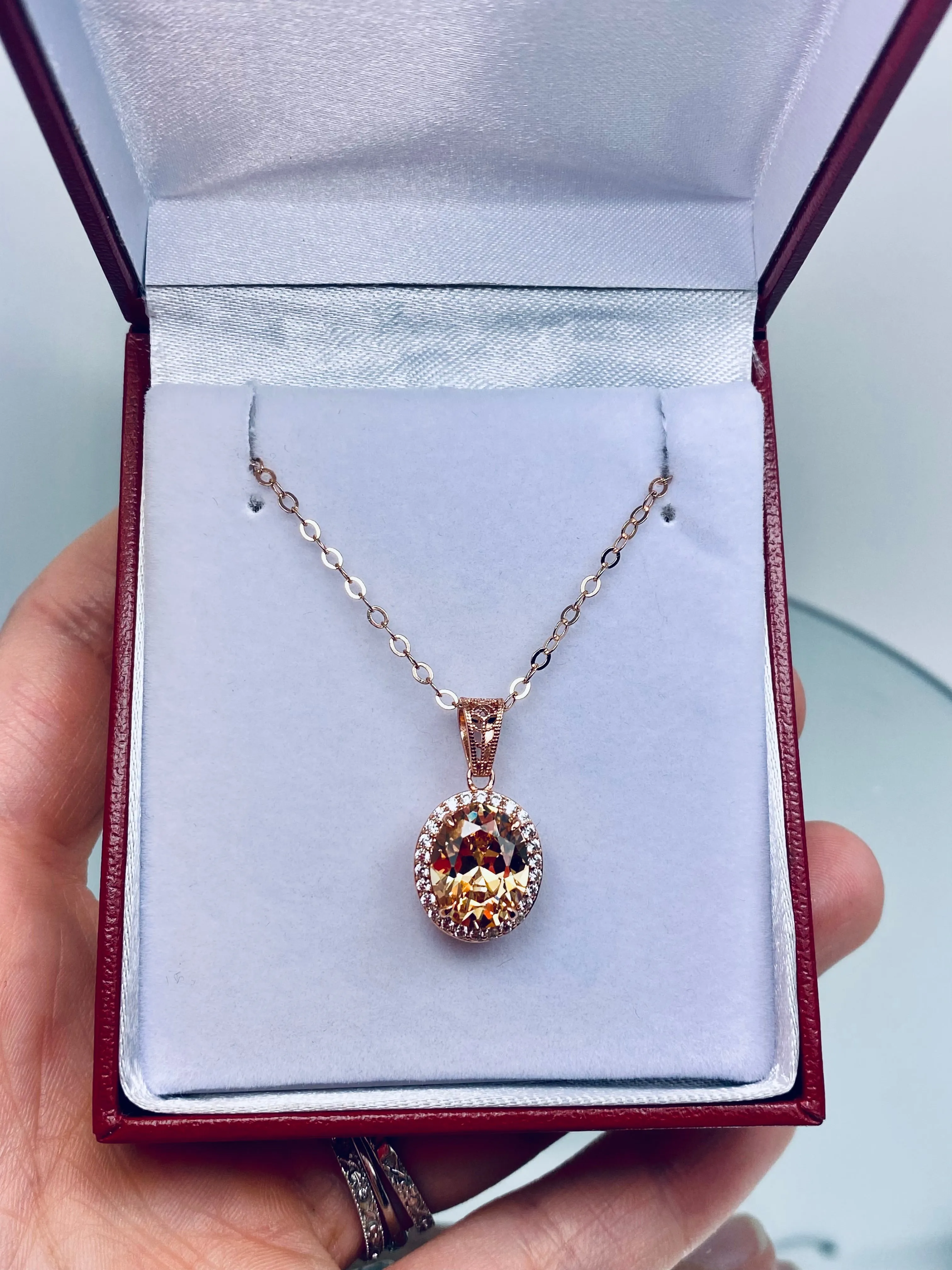 Peach CZ Halo Pendant, Rose Gold plated Jewelry, Art Deco Jewelry, P228