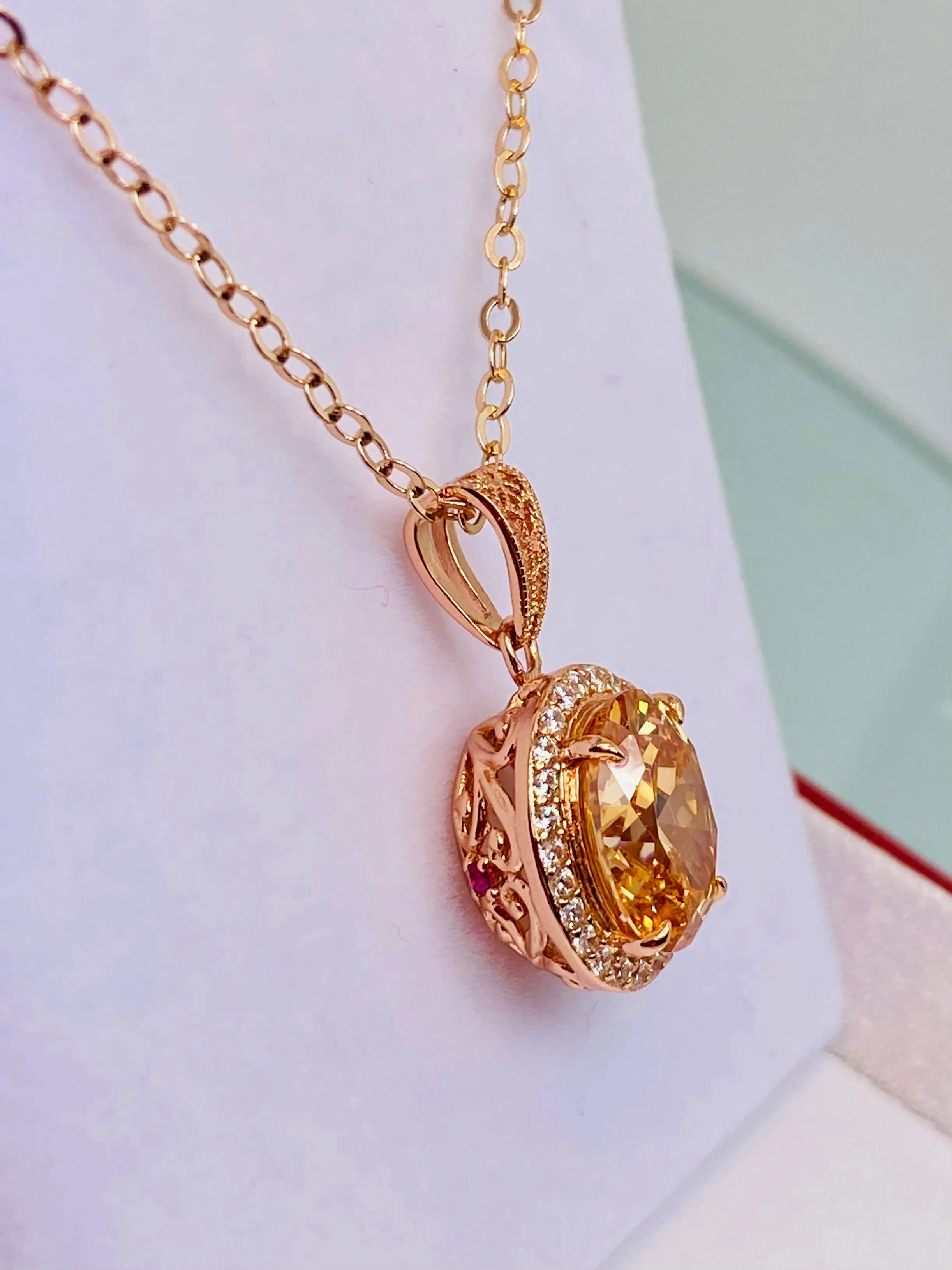 Peach CZ Halo Pendant, Rose Gold plated Jewelry, Art Deco Jewelry, P228