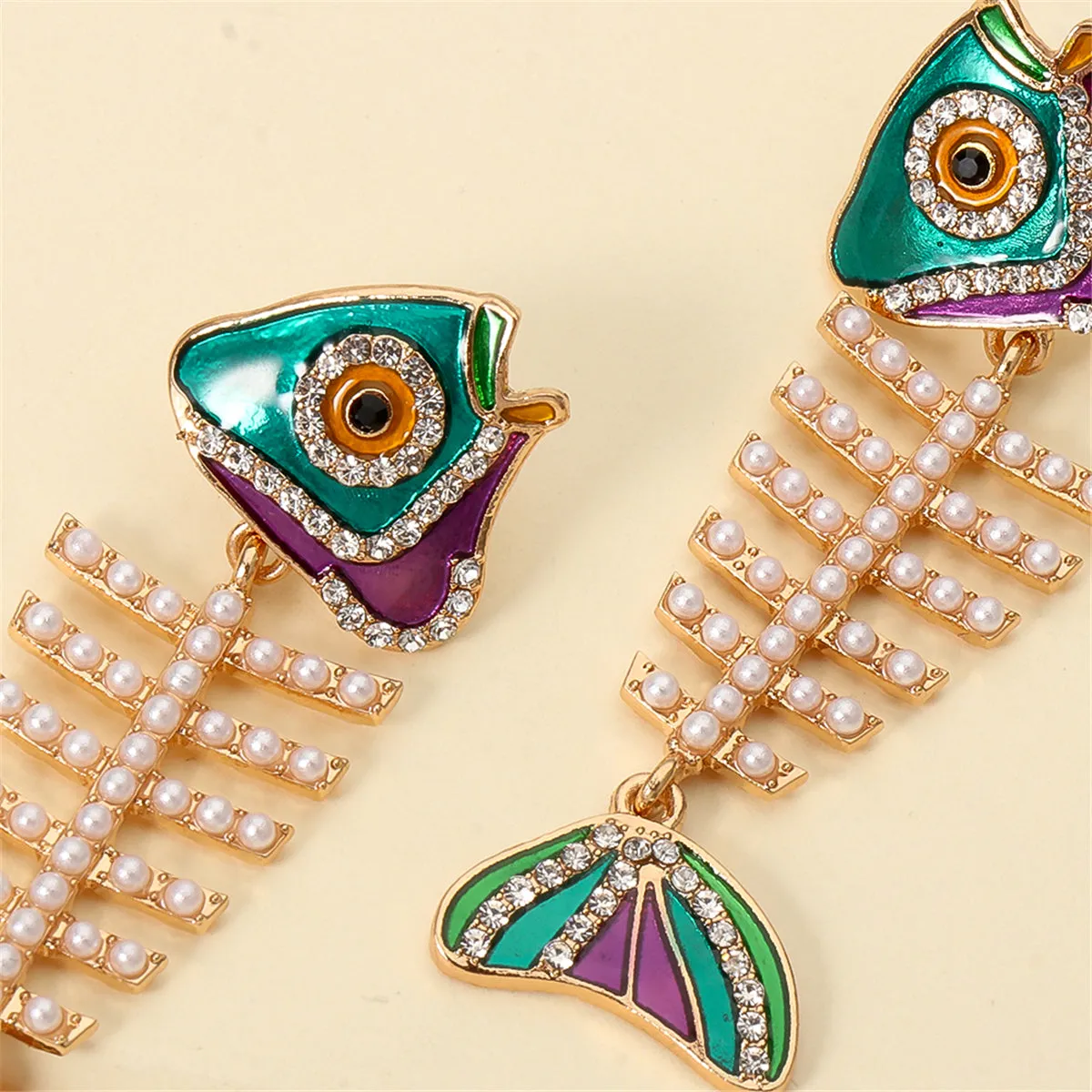 Pearl & Cubic Zirconia Enamel 18K Gold-Plated Fishbone Drop Earrings