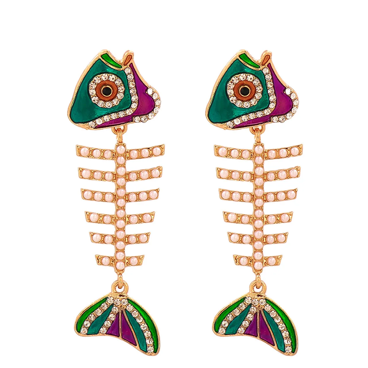 Pearl & Cubic Zirconia Enamel 18K Gold-Plated Fishbone Drop Earrings