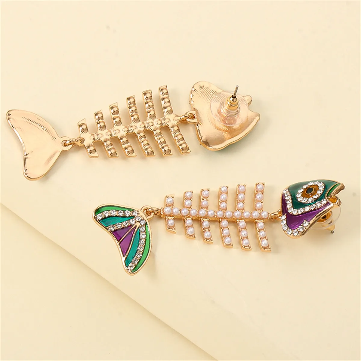 Pearl & Cubic Zirconia Enamel 18K Gold-Plated Fishbone Drop Earrings