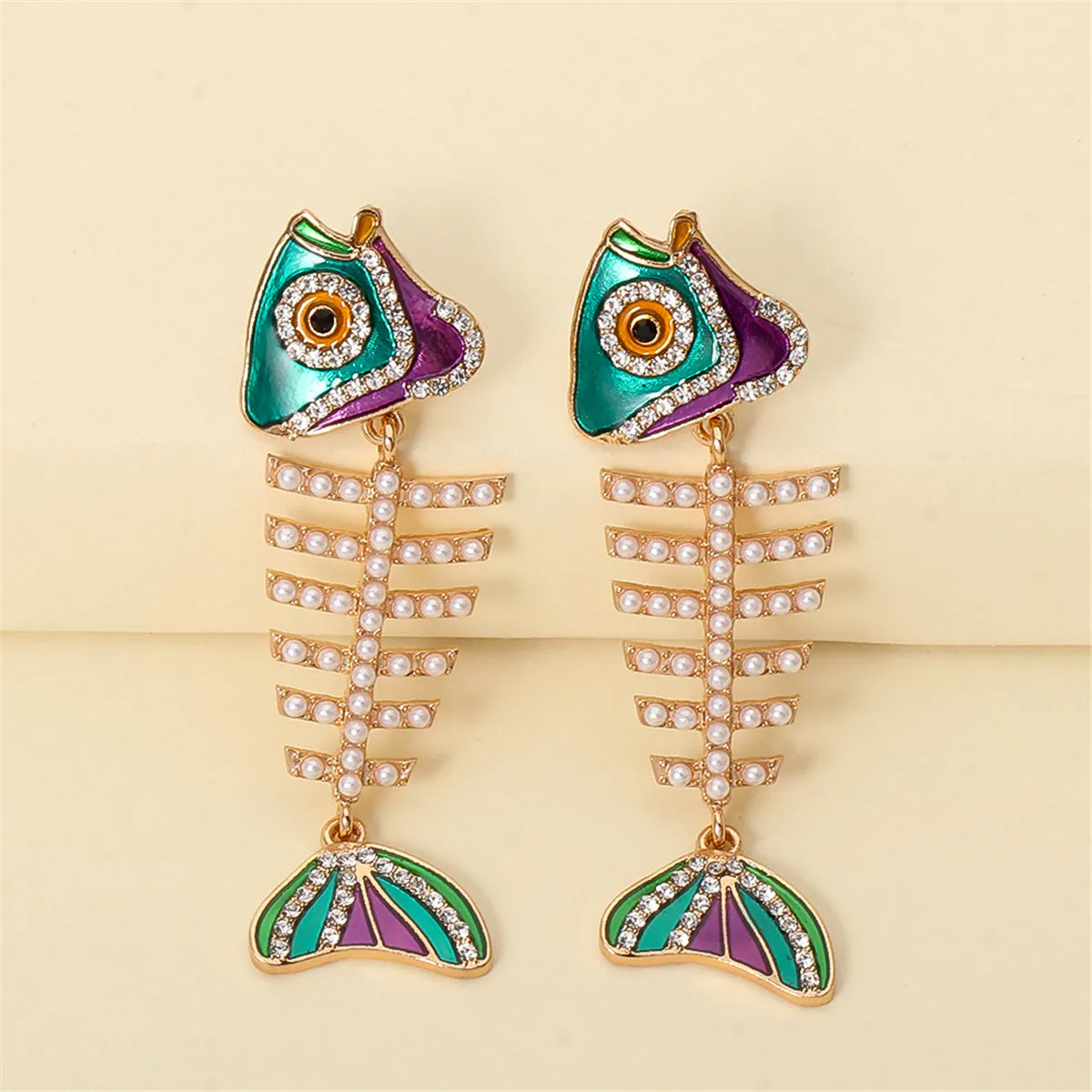 Pearl & Cubic Zirconia Enamel 18K Gold-Plated Fishbone Drop Earrings