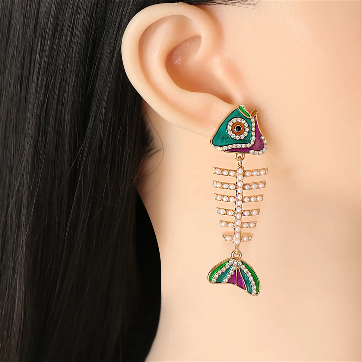 Pearl & Cubic Zirconia Enamel 18K Gold-Plated Fishbone Drop Earrings