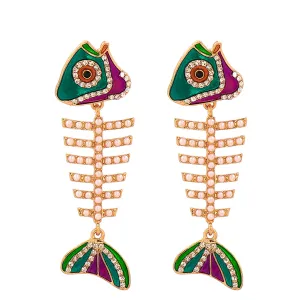 Pearl & Cubic Zirconia Enamel 18K Gold-Plated Fishbone Drop Earrings