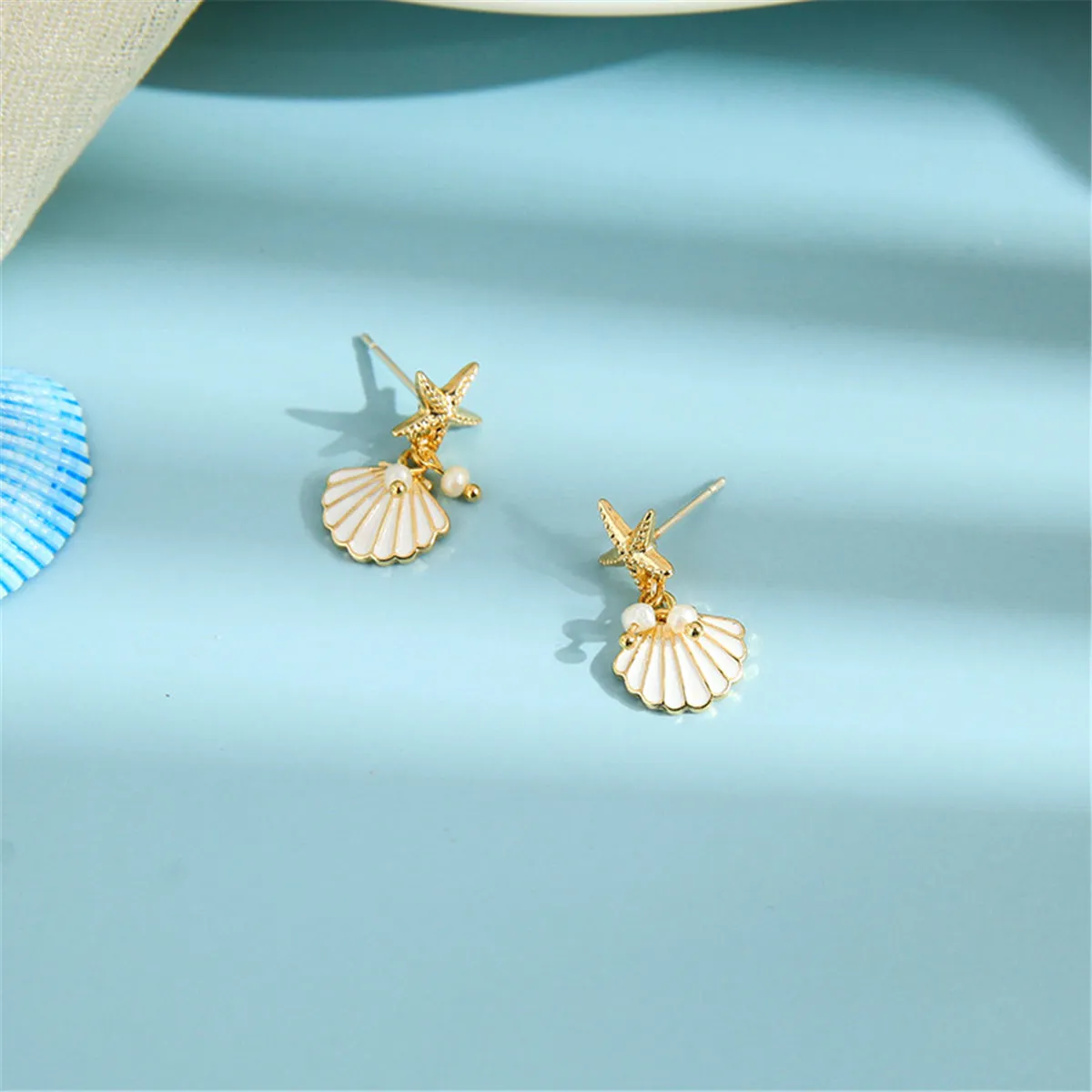 Pearl & Enamel 18K Gold-Plated Starfish Shell Drop Earrings