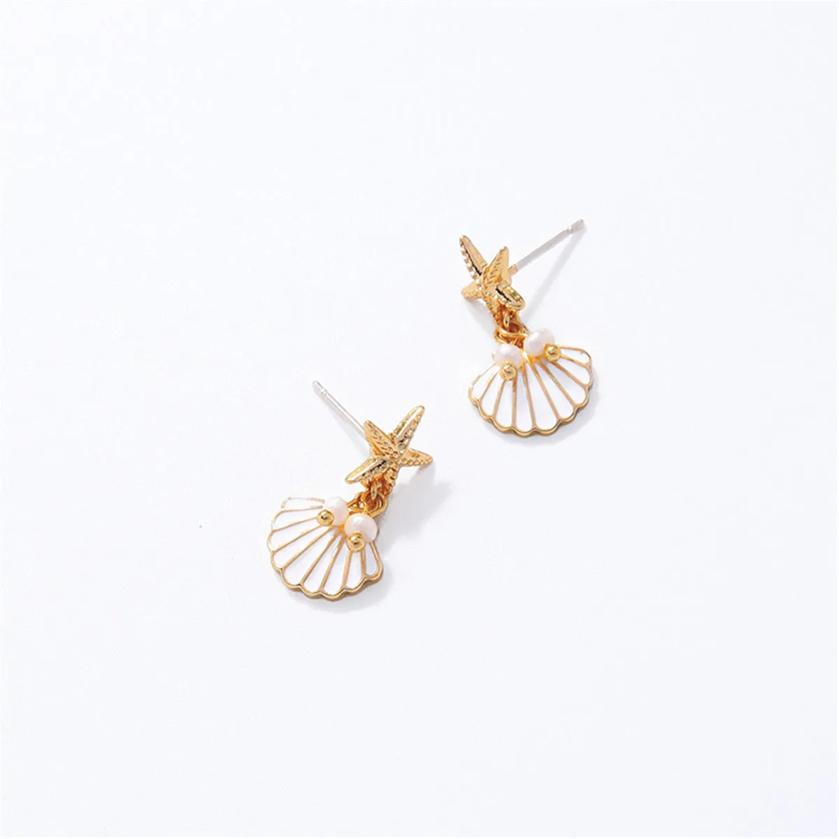 Pearl & Enamel 18K Gold-Plated Starfish Shell Drop Earrings