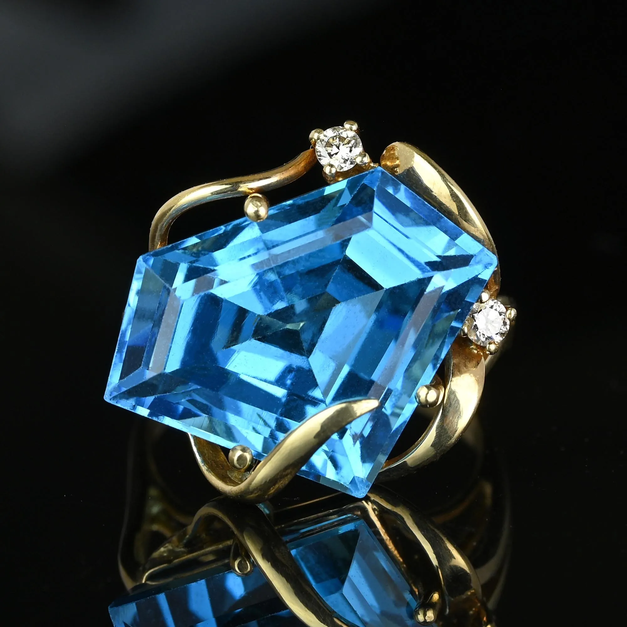 Pentagon Blue Topaz Diamond Accent Cocktail Ring in 14K Gold