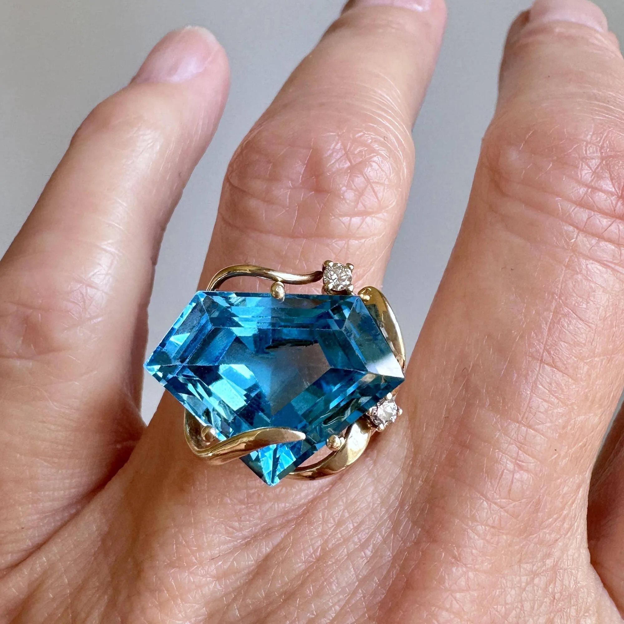 Pentagon Blue Topaz Diamond Accent Cocktail Ring in 14K Gold