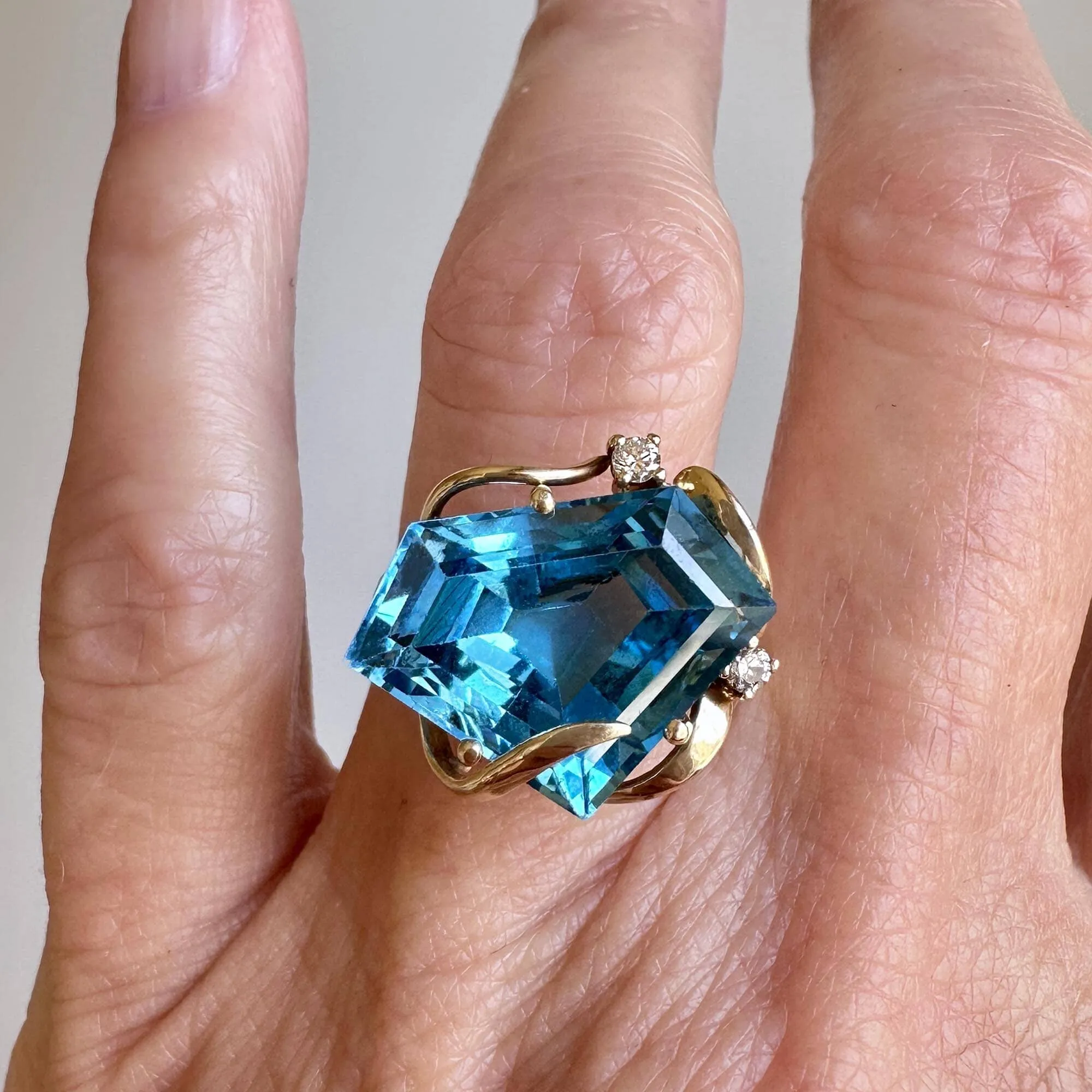 Pentagon Blue Topaz Diamond Accent Cocktail Ring in 14K Gold