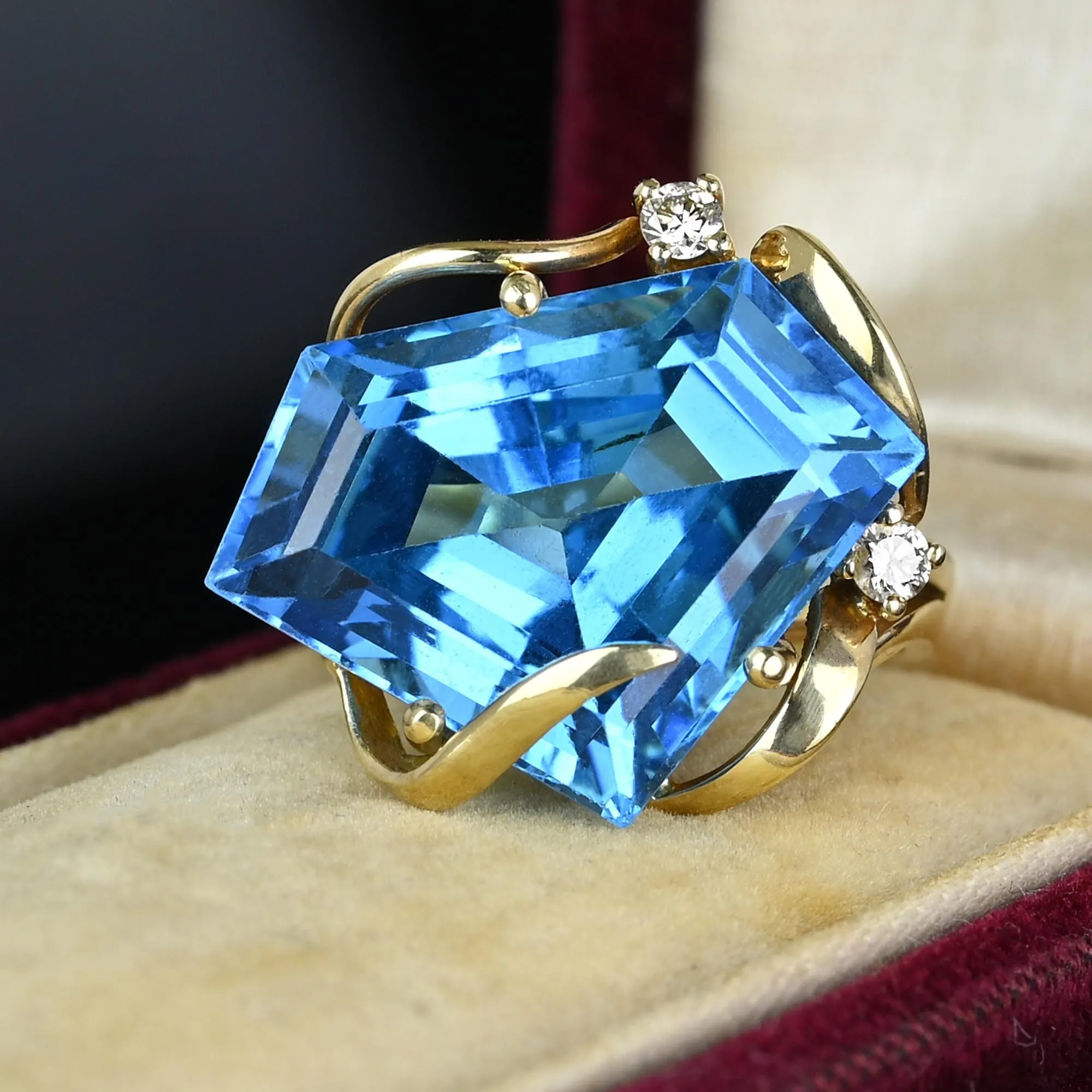 Pentagon Blue Topaz Diamond Accent Cocktail Ring in 14K Gold