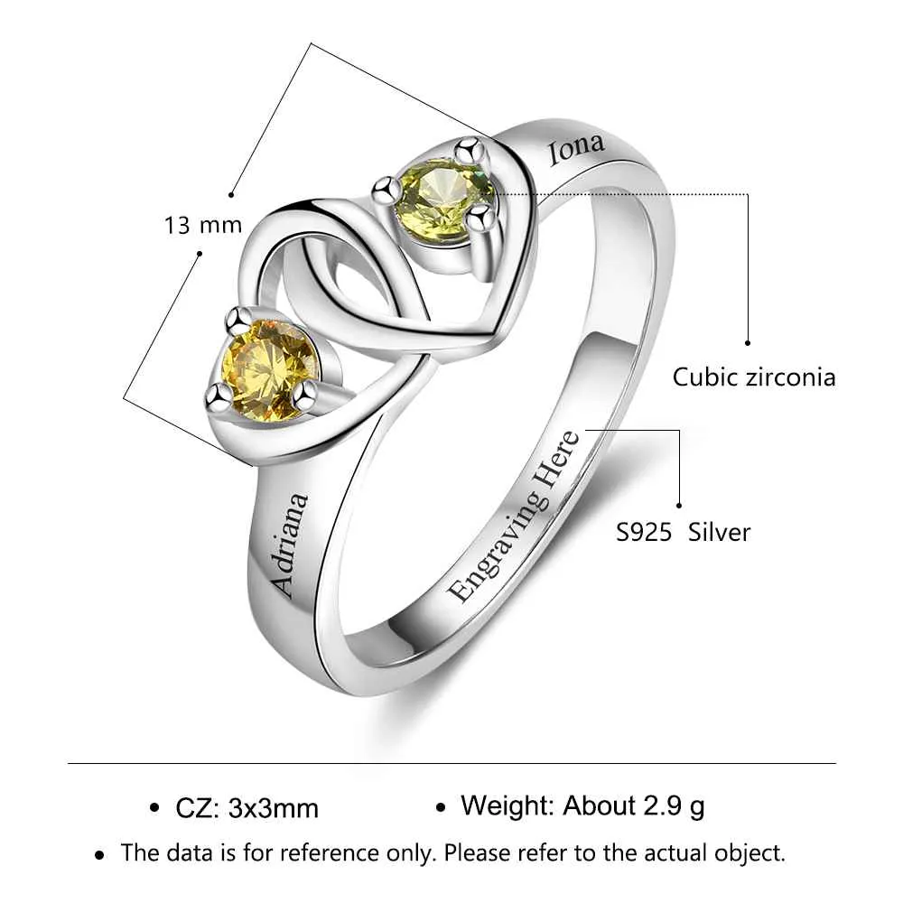 Personalized 925 Sterling Silver Heart to Heart PromiseRings for Women – Engraved Names& Custom Birthstones – Trendy Jewelry 