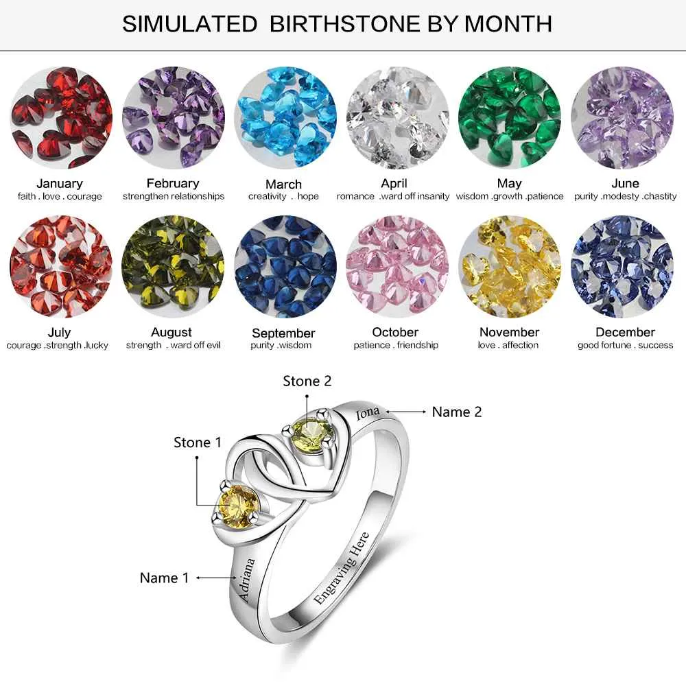 Personalized 925 Sterling Silver Heart to Heart PromiseRings for Women – Engraved Names& Custom Birthstones – Trendy Jewelry 