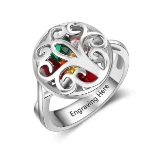 Personalized 925 Sterling Silver Rings for Women – Hollow Floral Pattern – Engraved Name – Custom Birthstones