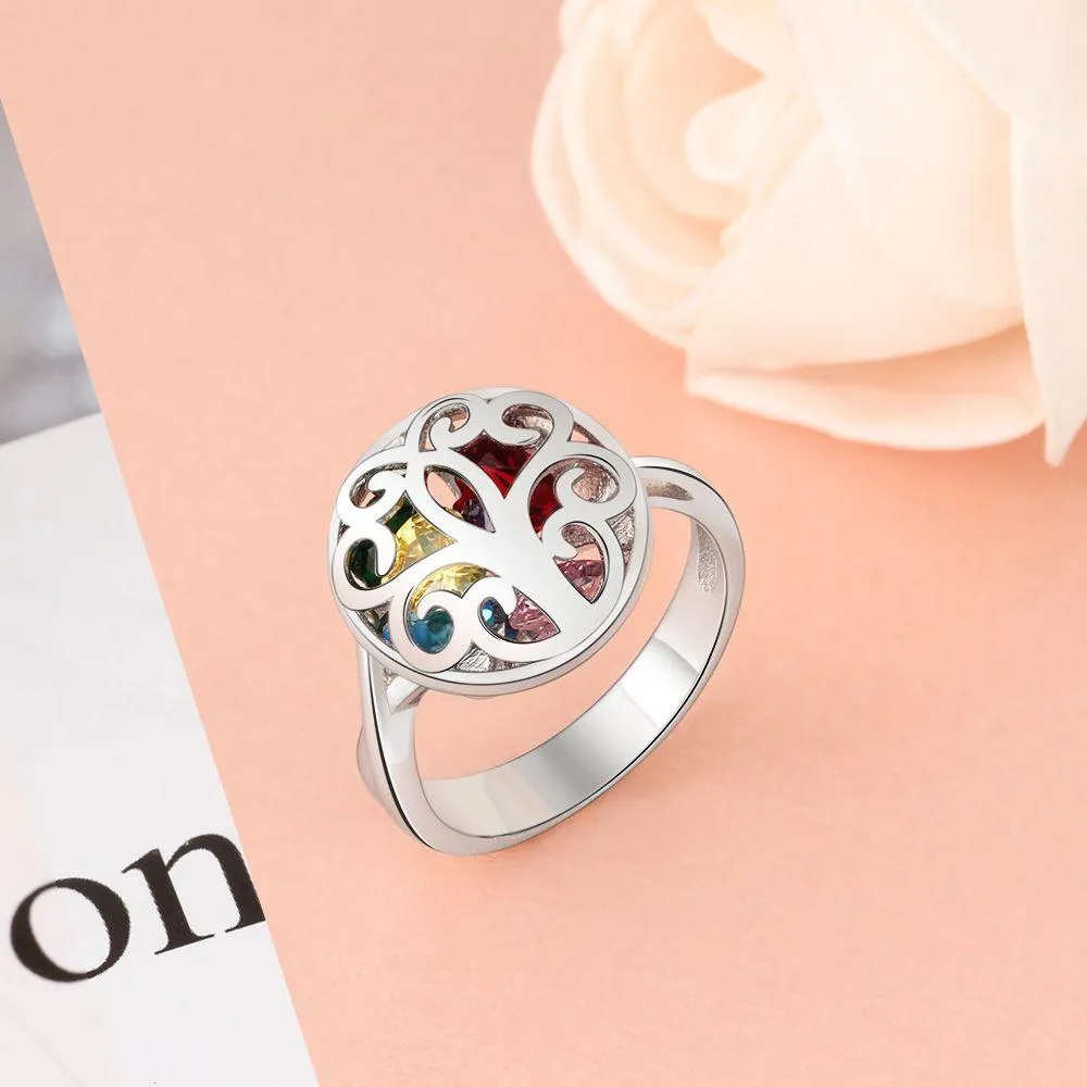 Personalized 925 Sterling Silver Rings for Women – Hollow Floral Pattern – Engraved Name – Custom Birthstones
