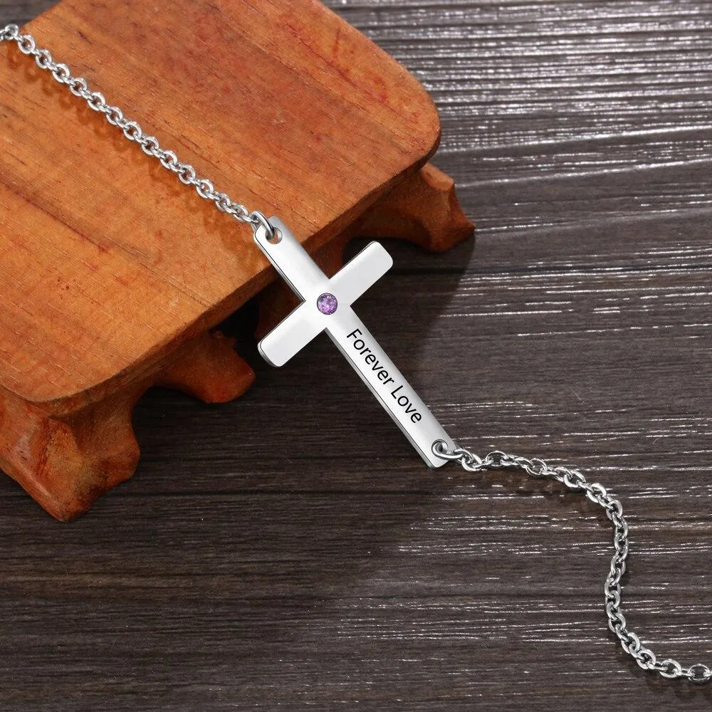 Personalized Cross Pendant Necklace with Custom Name & Birthstone, Religious Jewelry Gift for Women