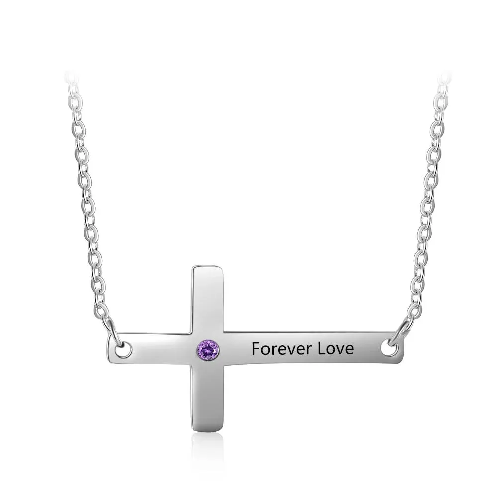 Personalized Cross Pendant Necklace with Custom Name & Birthstone, Religious Jewelry Gift for Women