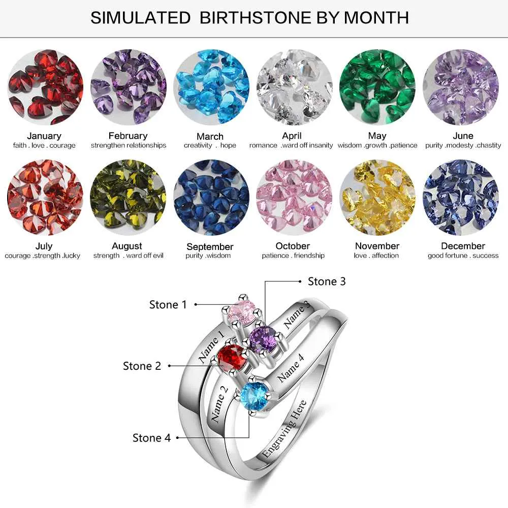 Personalized Gift for Friendship Engrave 4 Friends Name Birthstone Promise Rings 925 Sterling Silver Jewelry