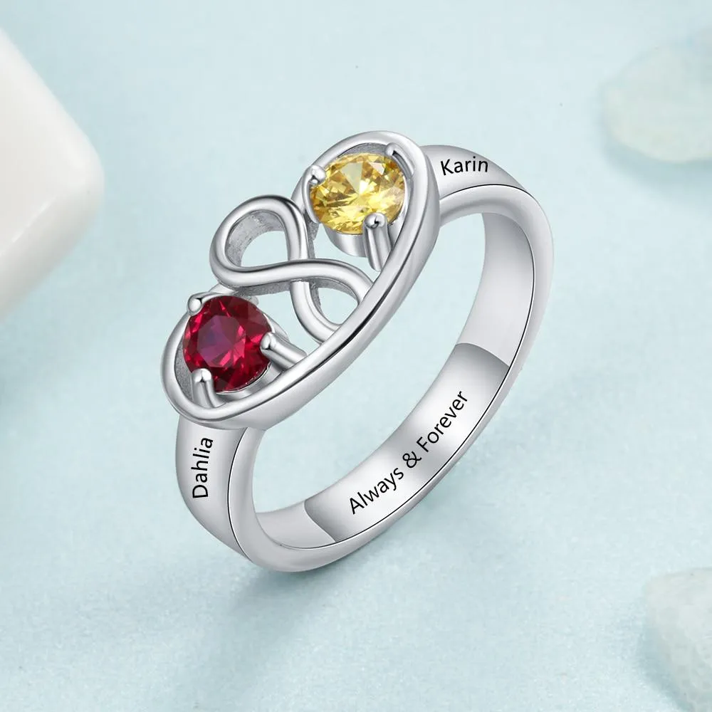 Personalized Infinity Ring with 2 Birthstones Custom Name 925 Sterling Silver Promise Rings for Women Gift