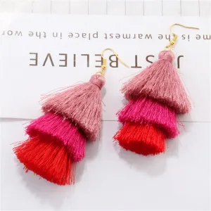 Pink & Red Tiered Tassel Drop Earrings