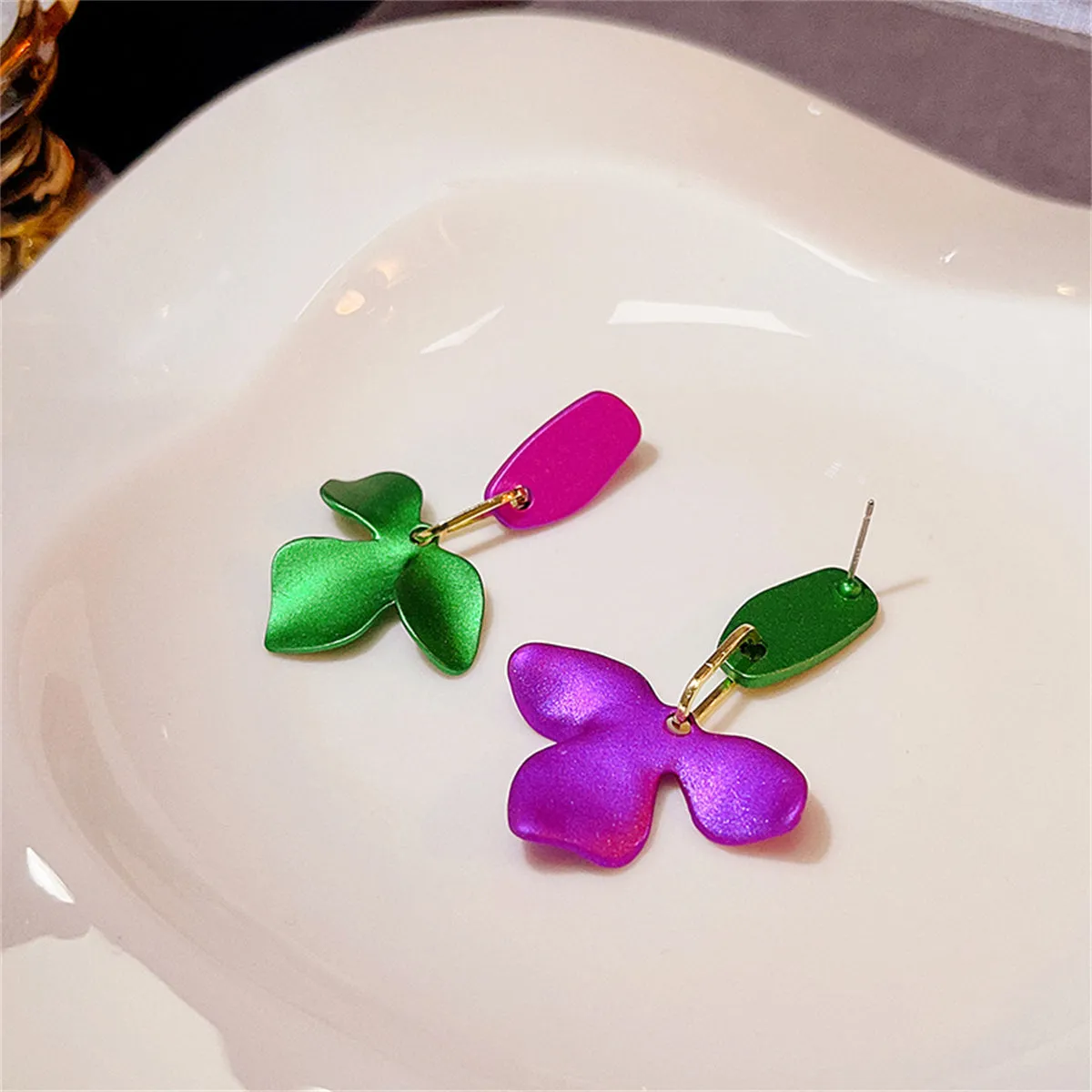 Purple & Green Enamel Petals Drop Earrings