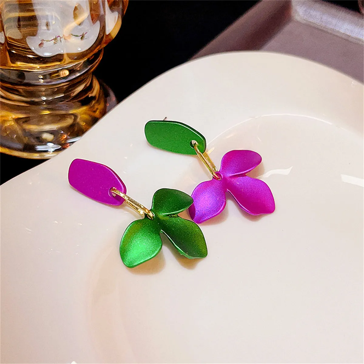 Purple & Green Enamel Petals Drop Earrings