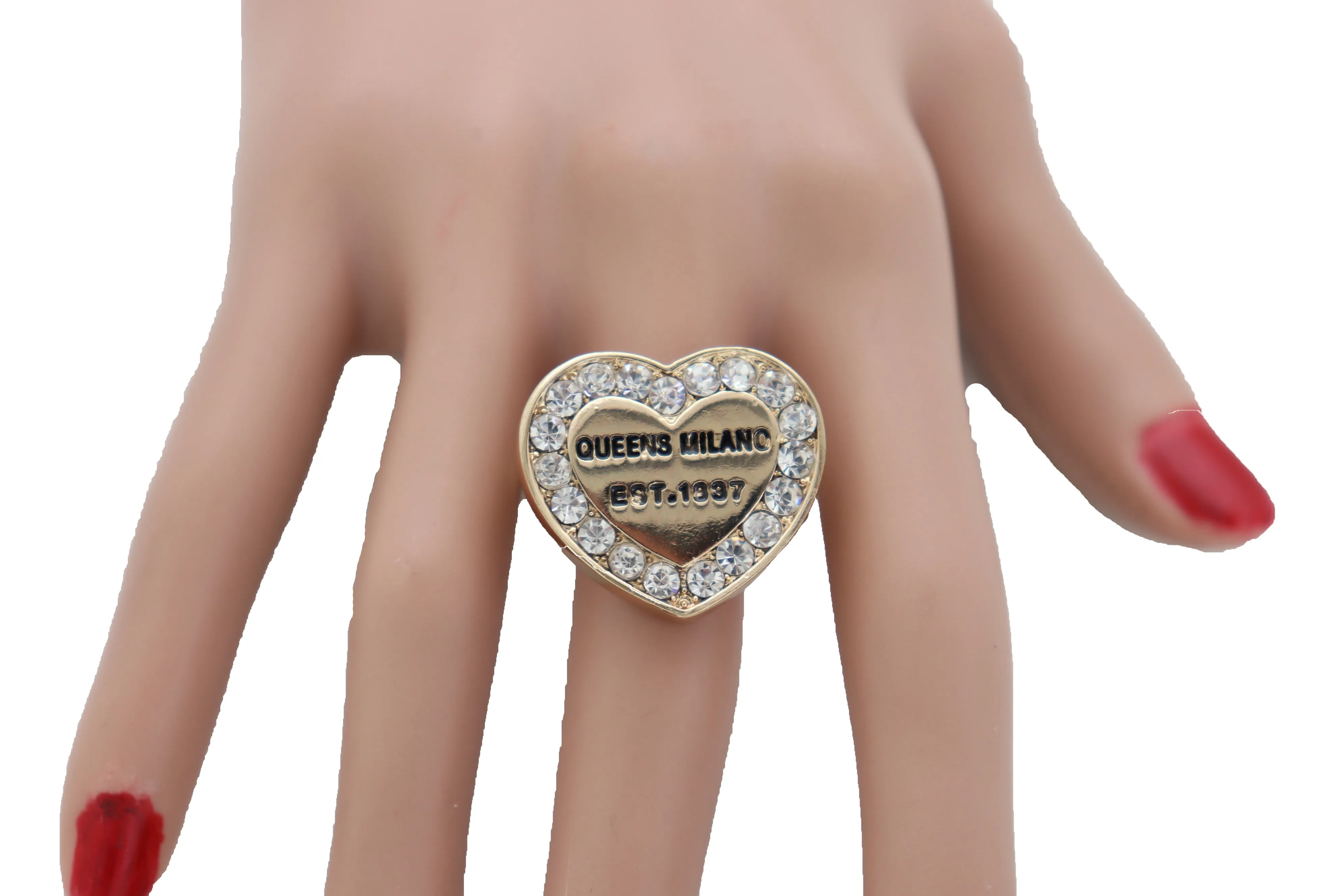 Queens Milano est. 1837 Rhinestone Outlined Gold Heart Ring