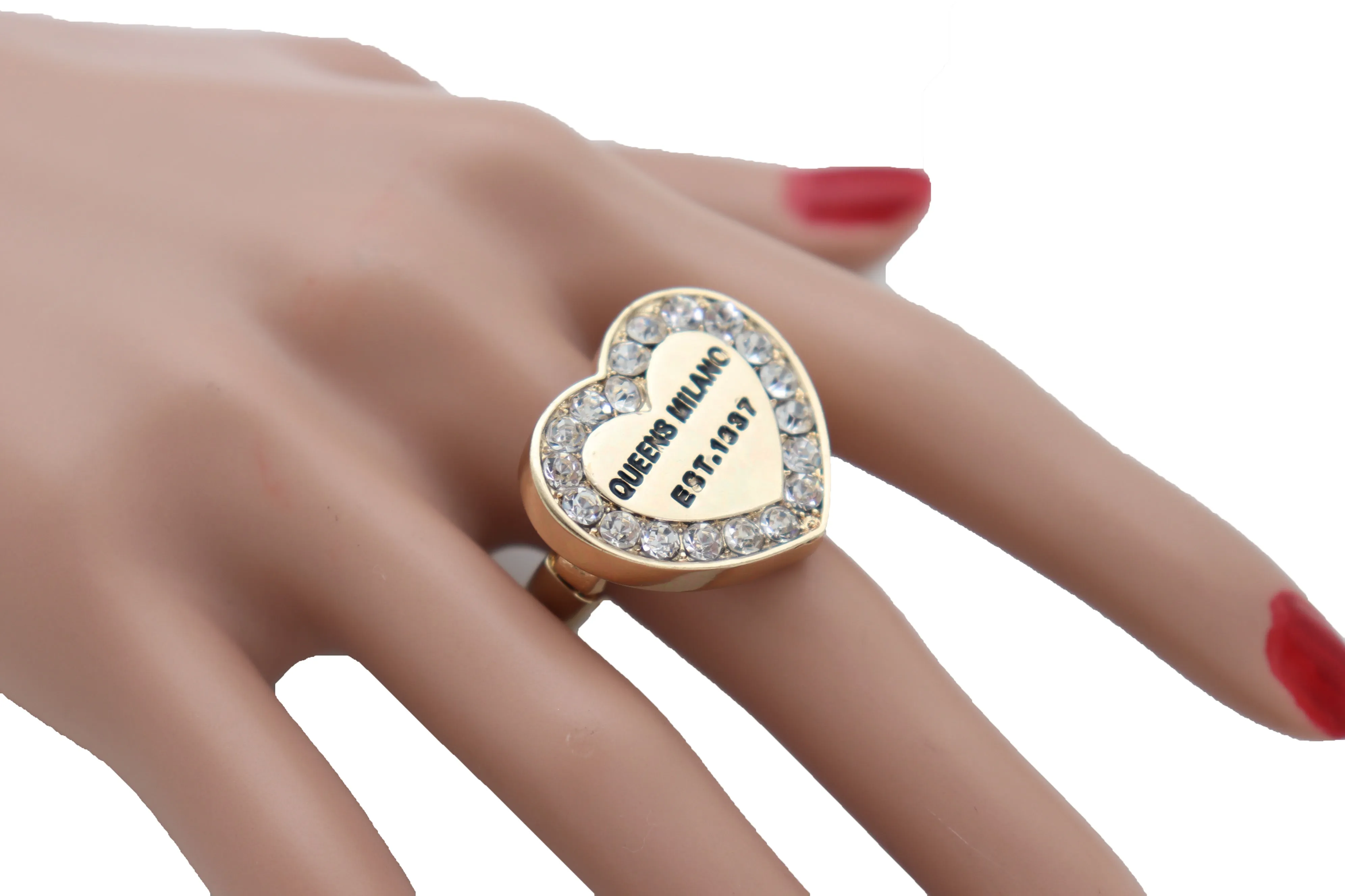 Queens Milano est. 1837 Rhinestone Outlined Gold Heart Ring