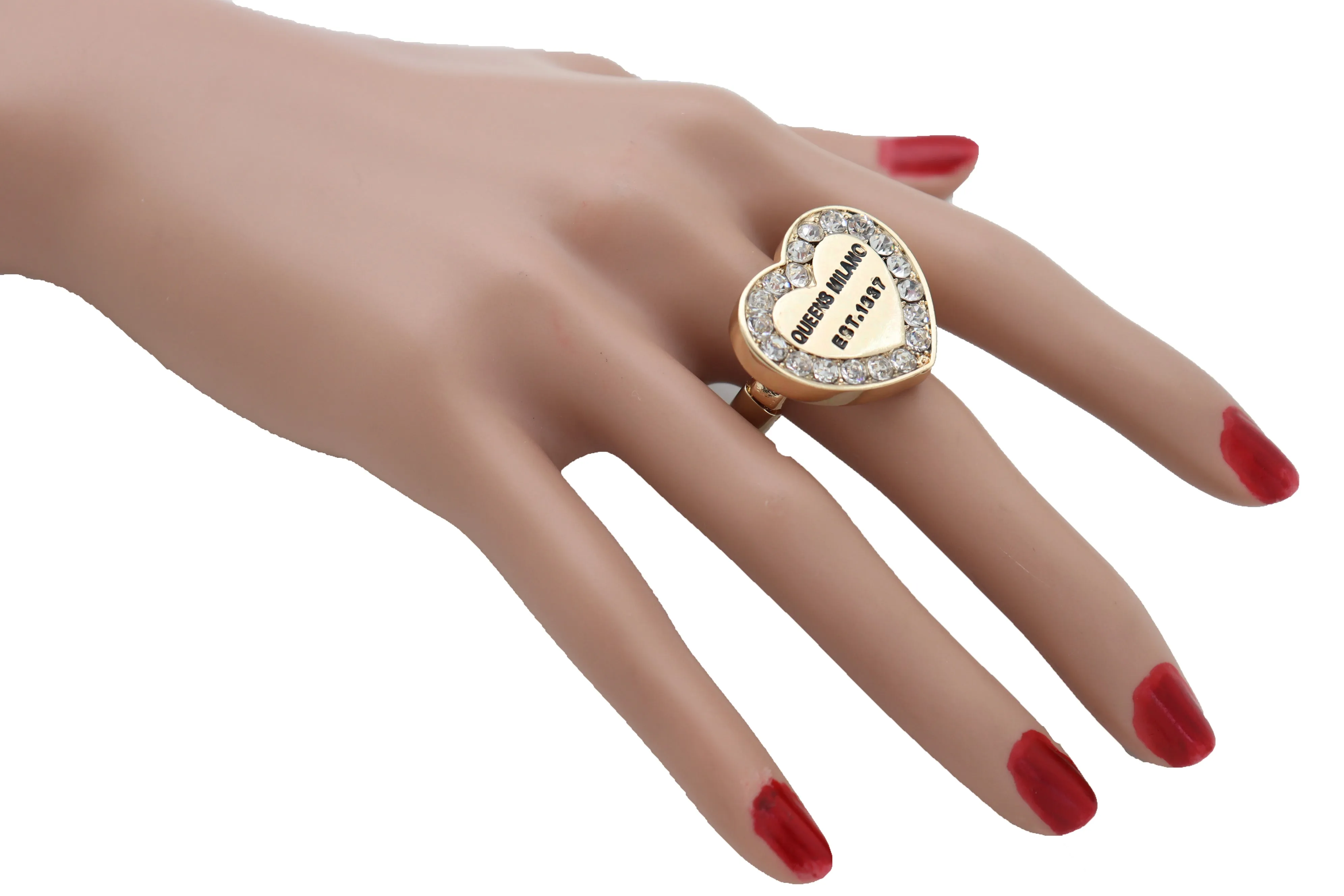 Queens Milano est. 1837 Rhinestone Outlined Gold Heart Ring